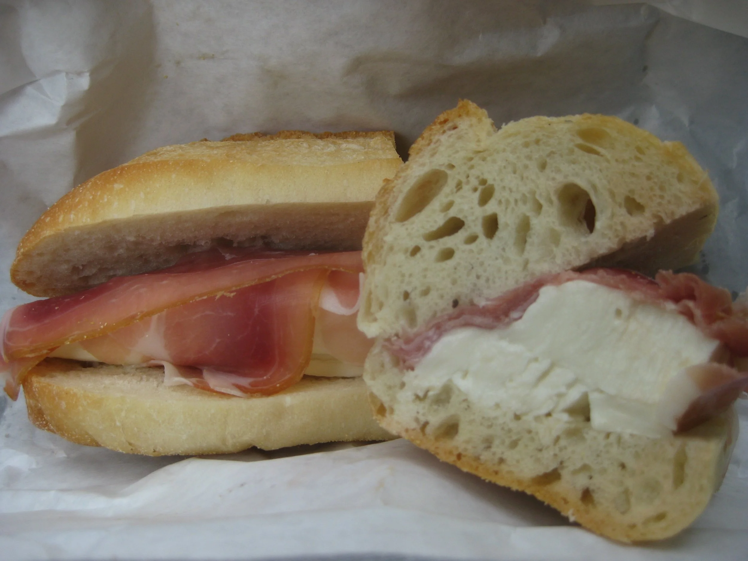 Prosciutto and mozzarella in a Hoboken bread. Photo by Silby.