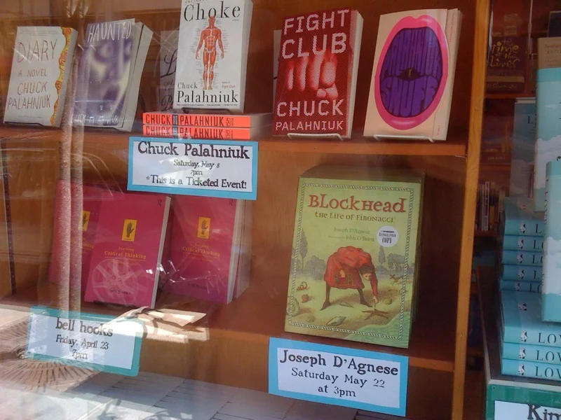 Blockhead: The Life of Fibonacci by Joseph D'Agnese, displayed in store window of Malaprop's Bookstore, Asheville, NC