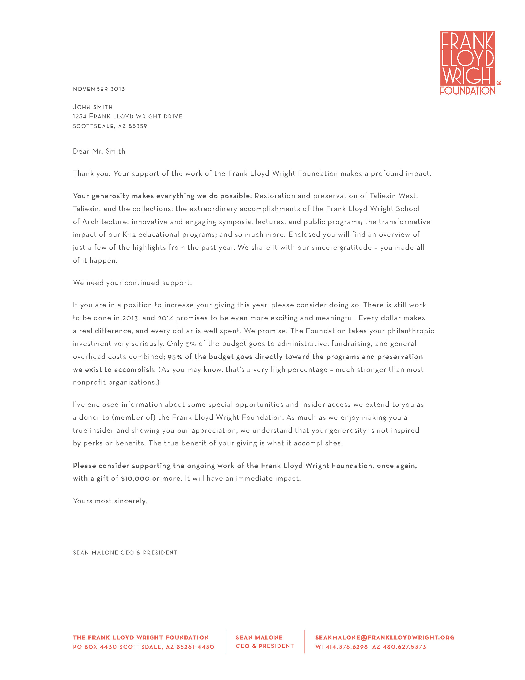 Frank Lloyd Wright Foundation Fundraising Letter