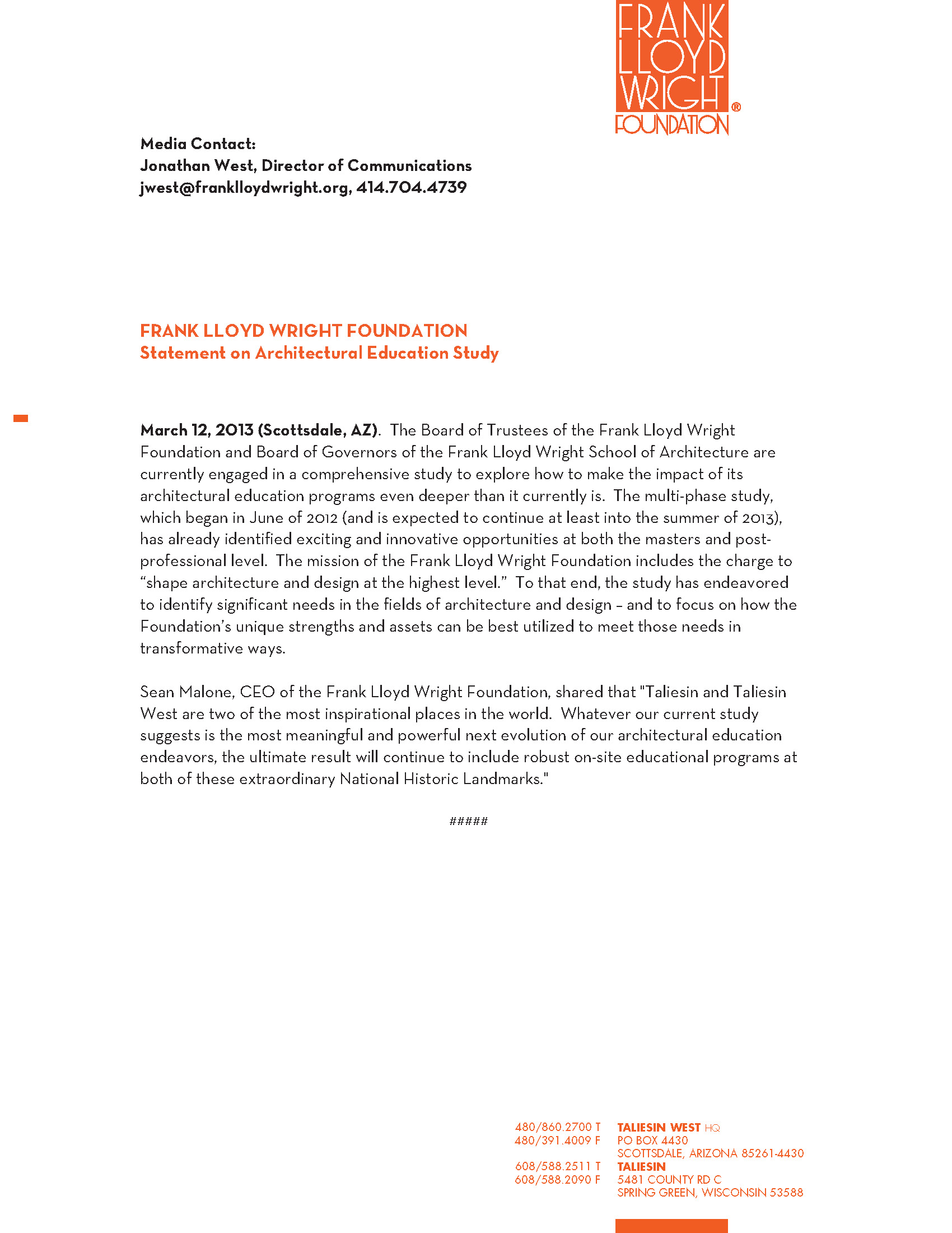 Frank Lloyd Wright Foundation Statement on Architectural Education