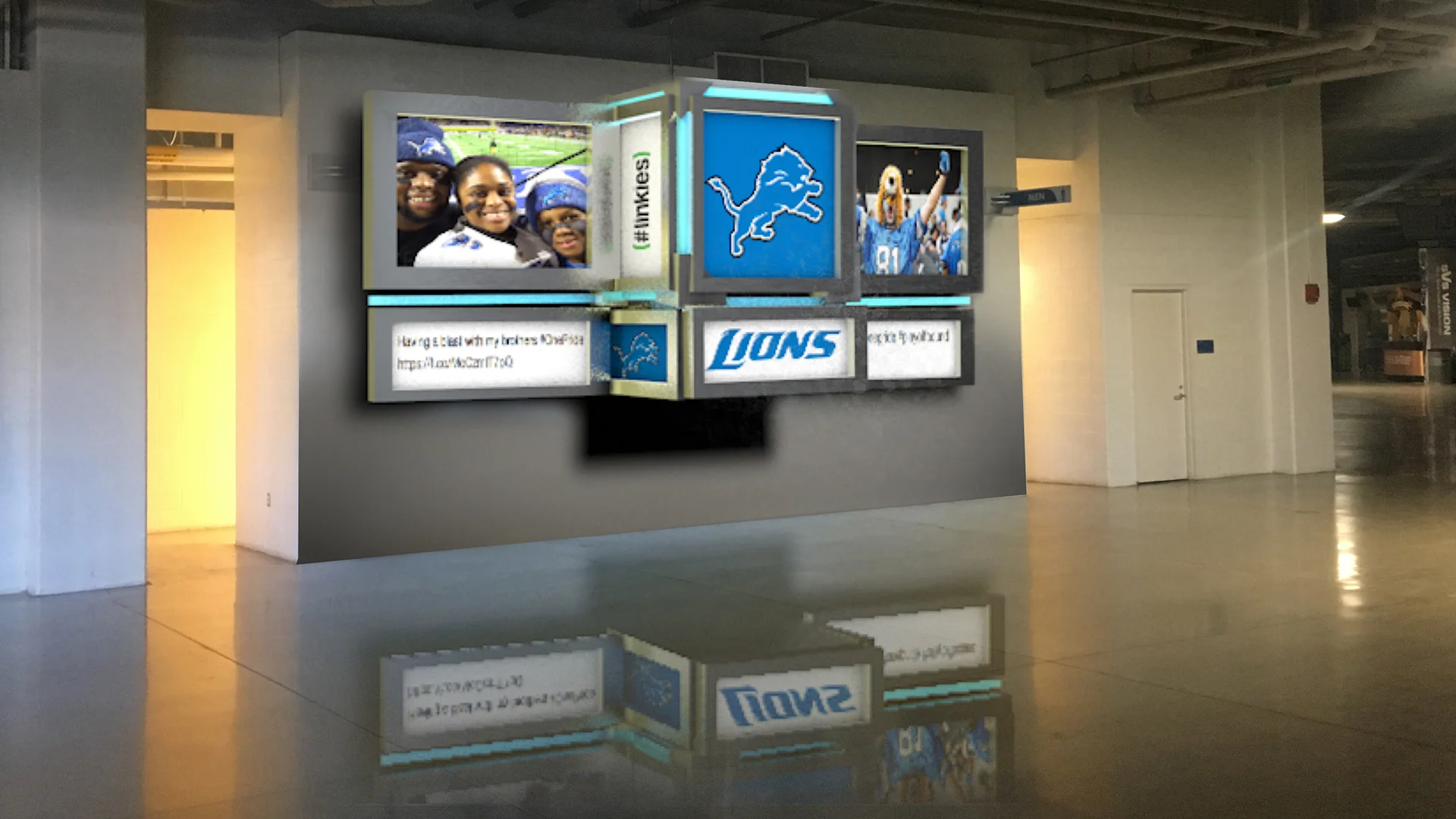  Multi screen wall mount.  Displays real time social media posts, information about merchandise, and advertisements from sponsors. 