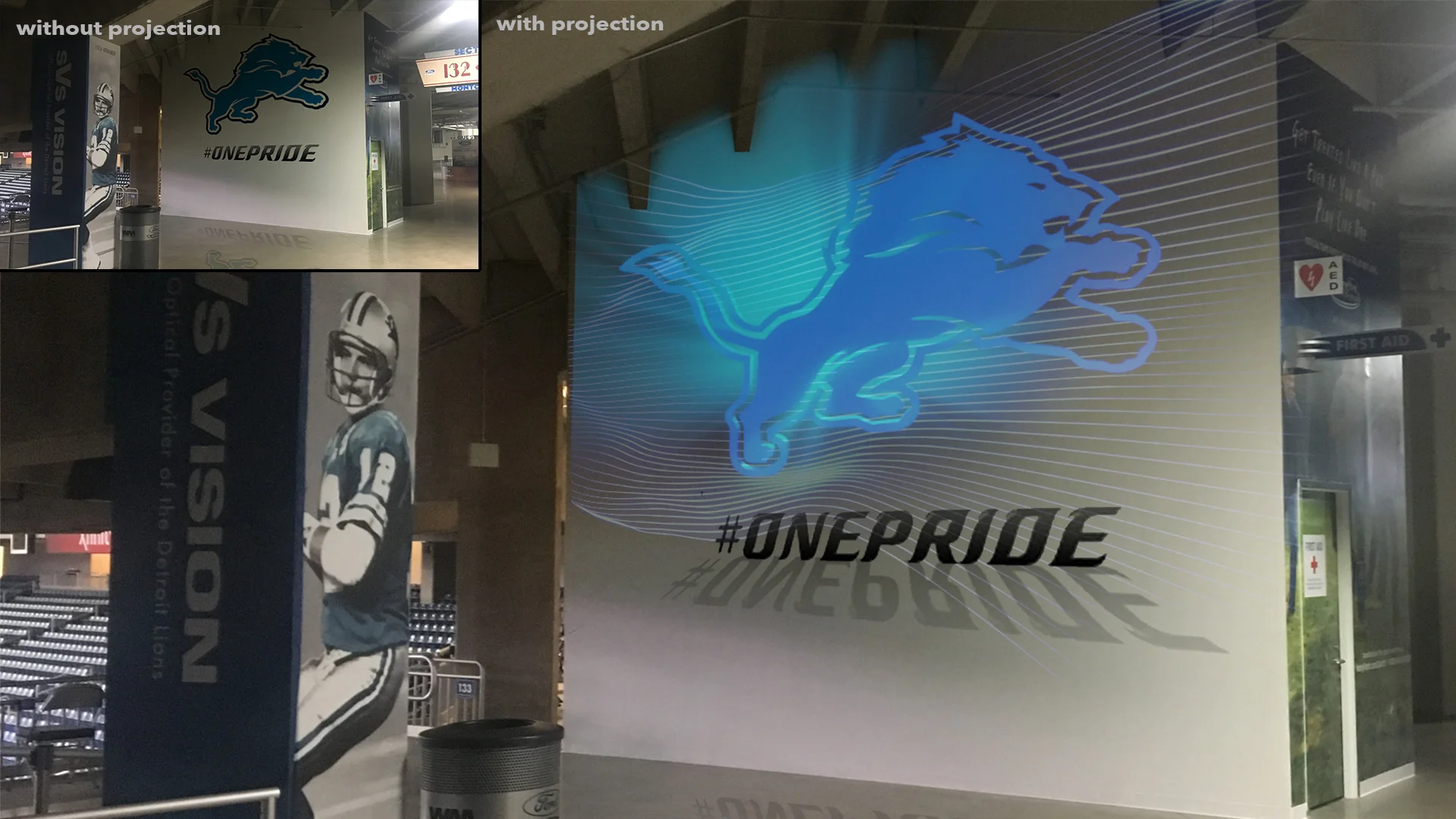  Projection mapped Lions logo.  In the upper left hand corner is the logo before projection.  Photo sites like these are intended to increase social media engagement by providing fans additional locations to take photos. 