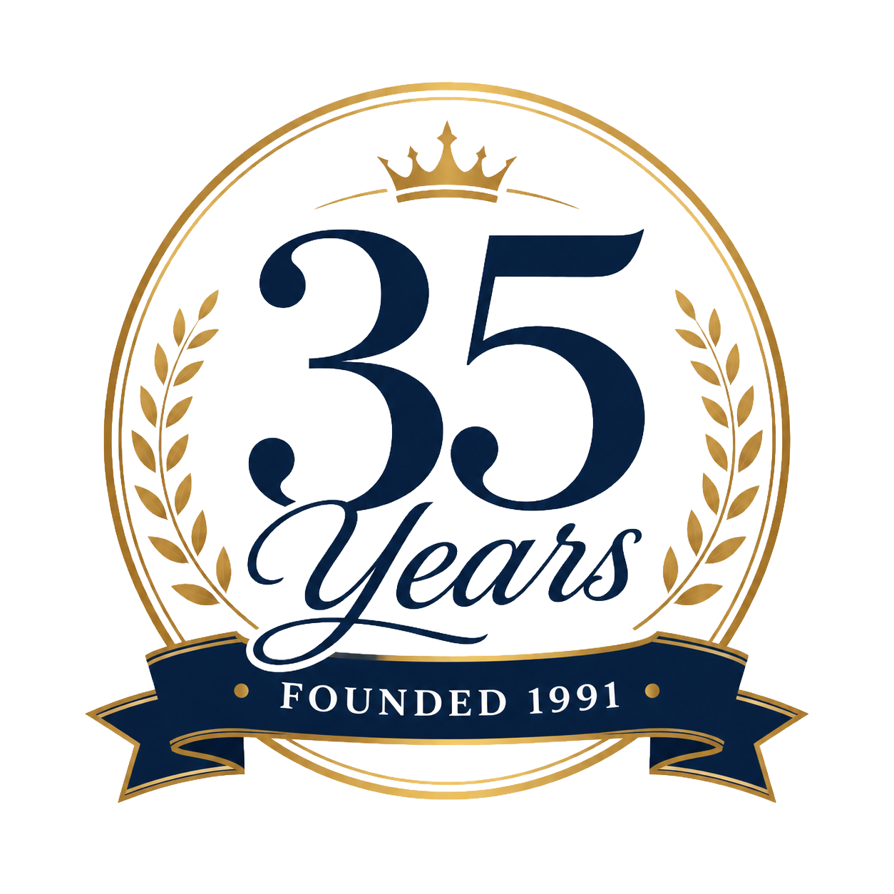 A logo with a gold laurel wreath, crown, and navy ribbon, celebrating 35 years since 1991.