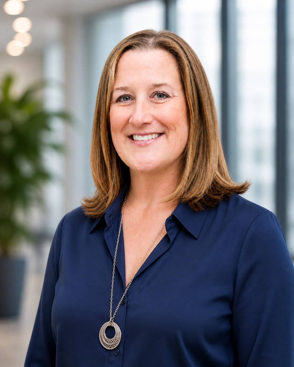 A smiling woman with shoulder-length brown hair, wearing a dark blue blouse and a silver necklace, standing in a modern office environment.