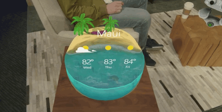 Microsoft HoloLens demo of a weather object. You might place such an object on your coffee table, on the wall in your hall, on the dash of your car, or anywhere in your environment you'd like.