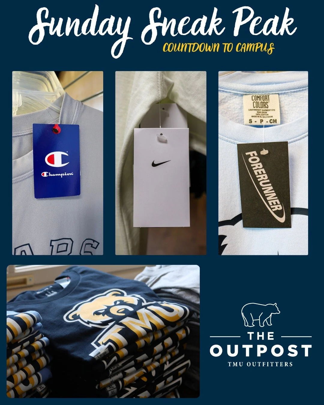 Sunday Sneak Peak! 👀
Stay tuned for new apparel and brands at The Outpost! #WeAreTMU #GoBears #TheOutpost