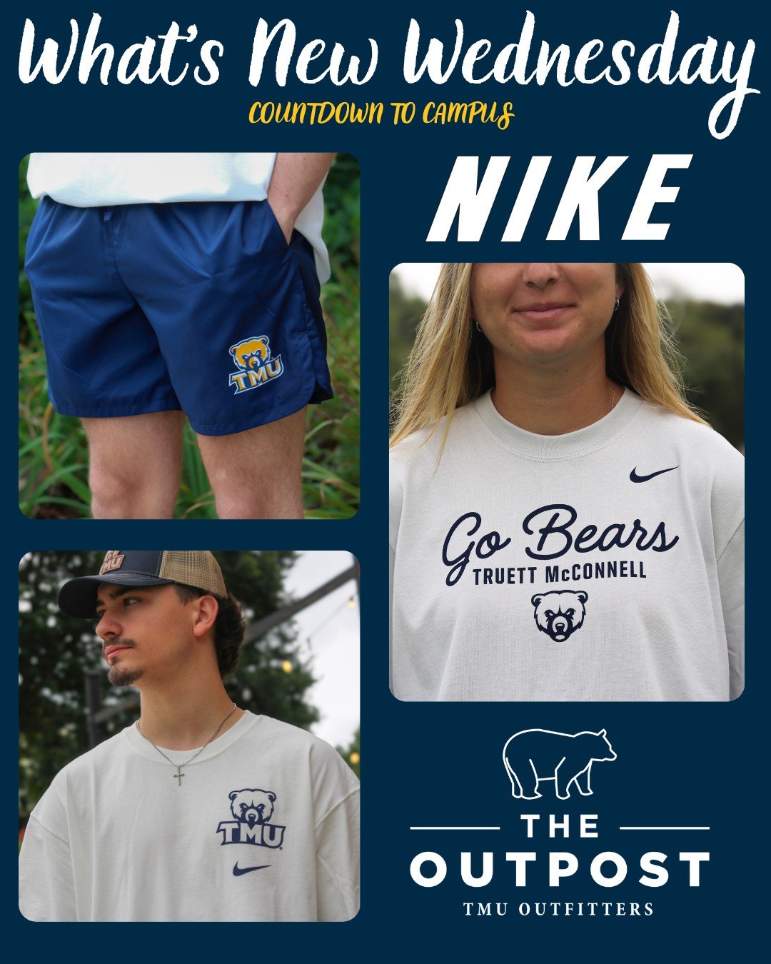 ✨What's New Wednesday! ✨
The wait is over - Nike is officially in The Outpost!🙌 Whether your headed to class, the gym, or a sporting event, we've got your new go-to look! Shop online and in-store today! #GoBears #TMU #TheOutpost