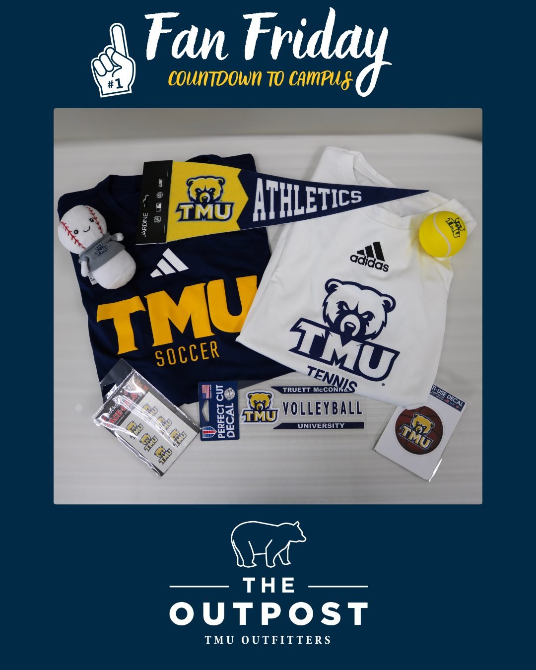 Fan Friday! 🎉
Game day starts with the right gear.⚽🏀⚾ Grab your team apparel and let's fill the stands with navy and gold this year! 💙💛 #TMU #GoBears #TheOutpost #WeAreTMU