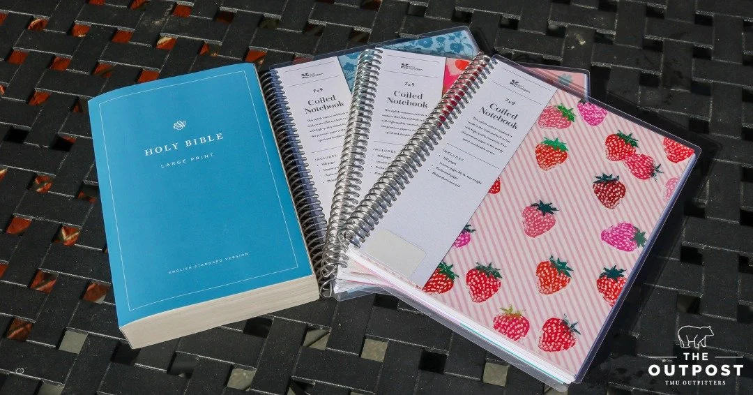 Chapel tomorrow? Come prepared with your favorite new notebook + Bible! Stop by The Outpost and grab everything you need to take notes, reflect, and grow! 📕✝💙#GoBears #Chapel #WeAreTMU #TheOutpost #TMU