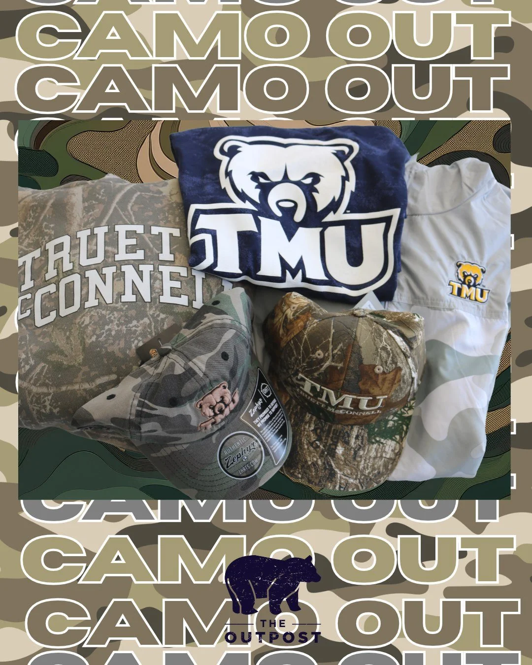 Camo Out‼️ Stop by The Outpost for your camo gear and cheer on the women's volleyball team tonight at 6:30pm! 🏐💛🐻
#GoBears #TheOutpost #WeAreTMU #CamoOut #TMU