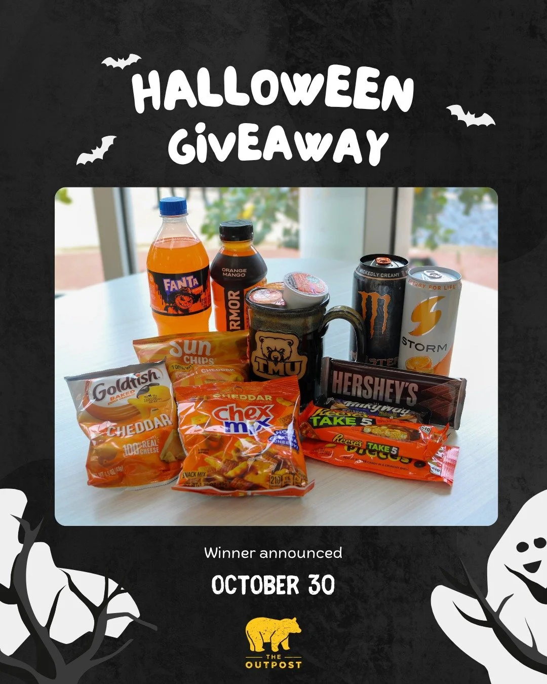 Get ready for Halloween and the Fall with this Outpost giveaway! Enter to win a TMU pottery mug and your favorite snacks and drinks!🎃🍂🧡🐻

📲follow @tmoutpost
👍Like this post
🏷Tag a friend or two in the comments!

PLEASE DO NOT RESPOND TO ANY DM