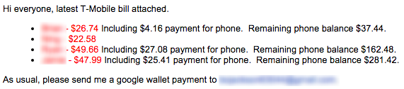 Monthly email I send out informing family plan members how much they owe.
