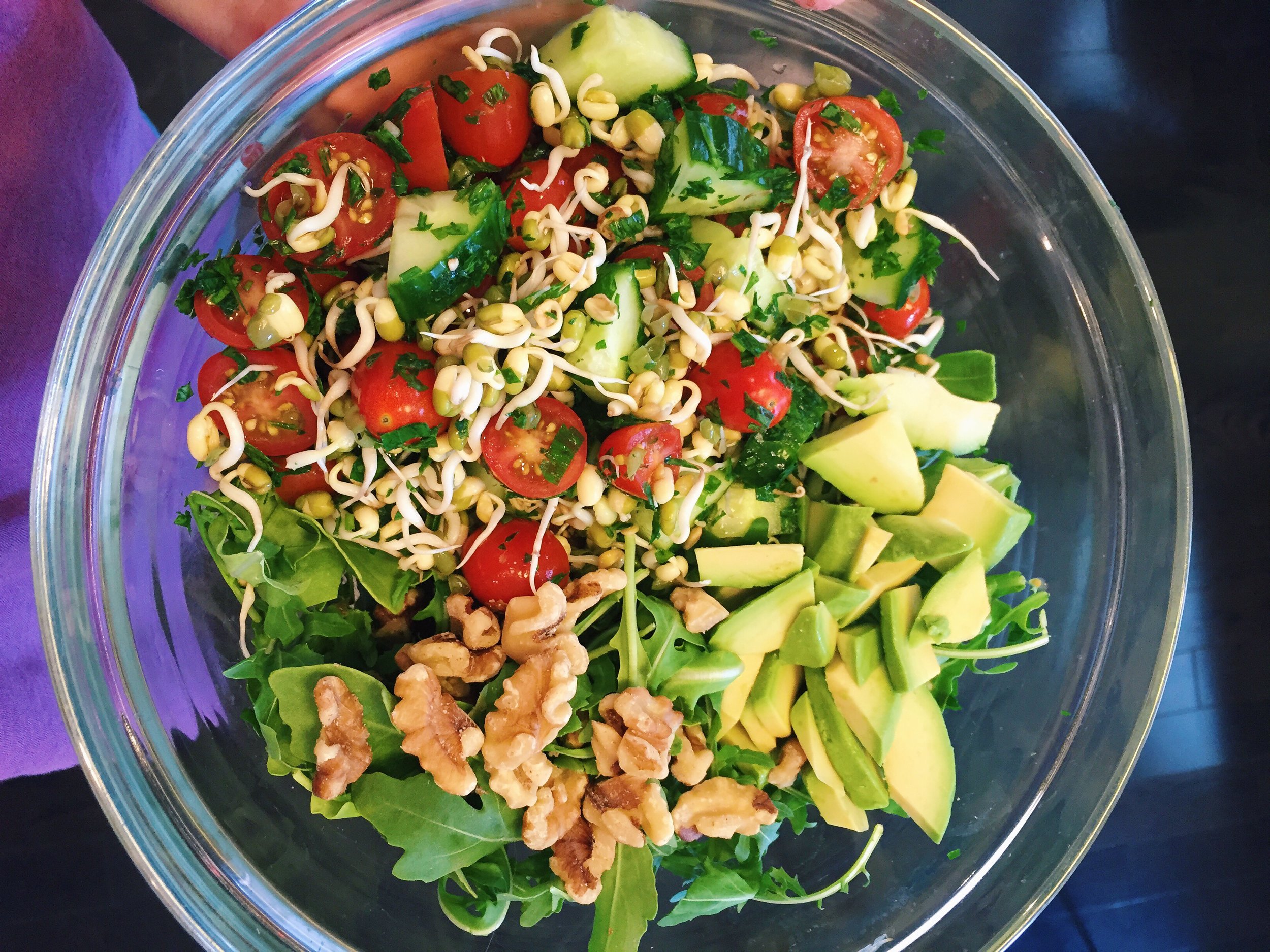 My Mung Bean Sprout Summer Salad tossed with some arugula, avocado and walnuts for a light and refreshing August lunch.