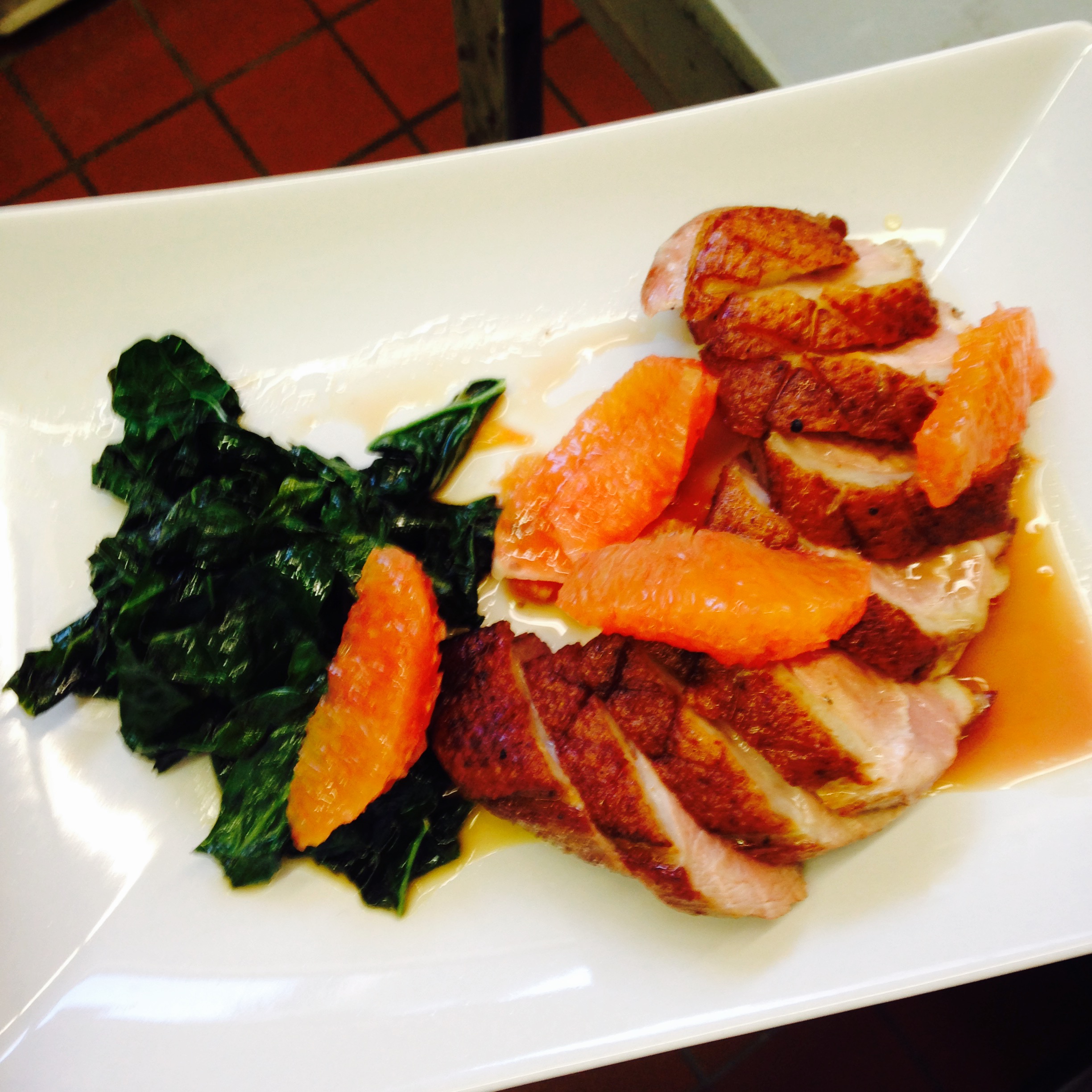 Bad light and blurry, but the plated duck with orange and kale was pretty darn good.