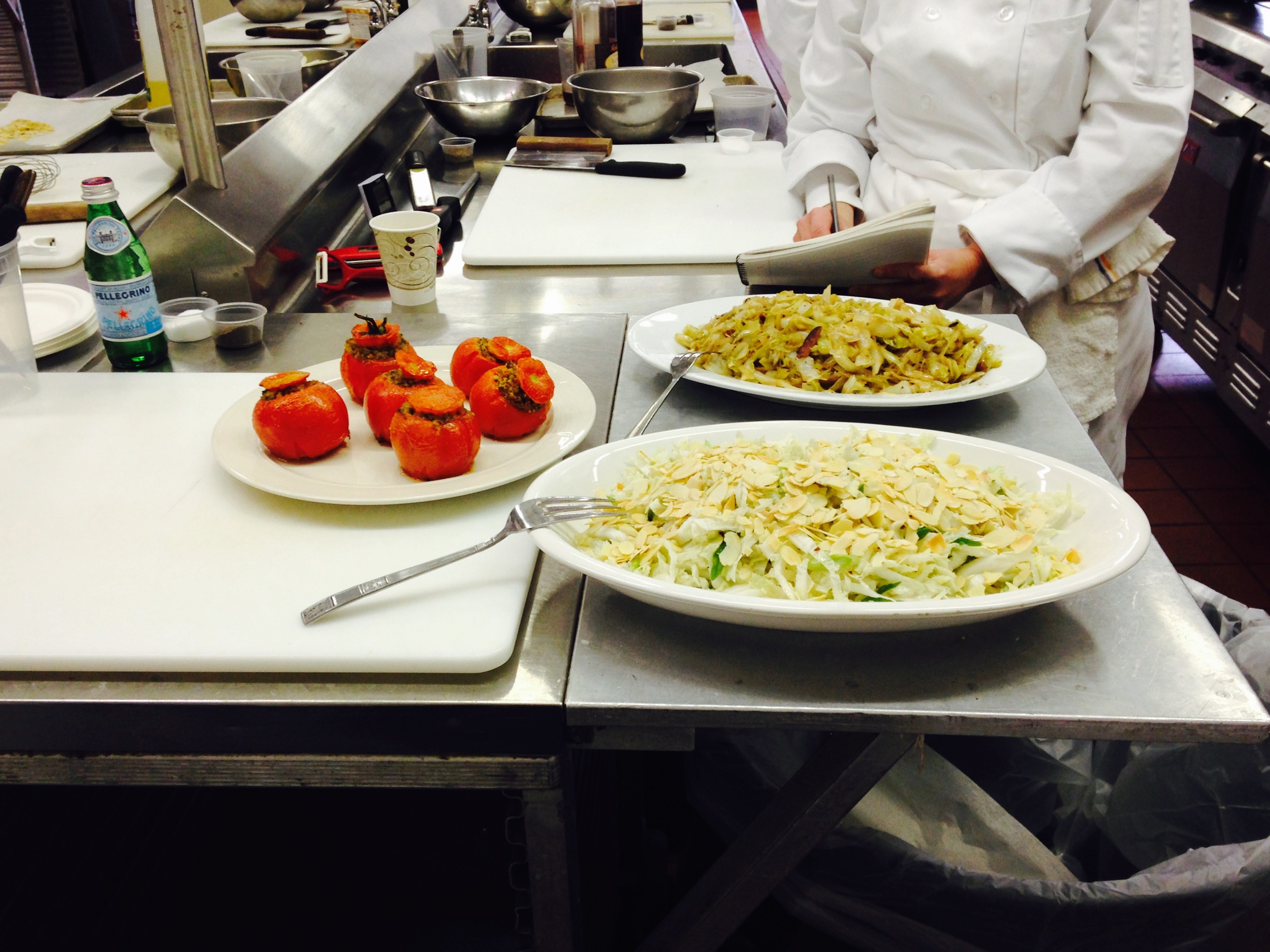 Stuffed tomatoes, Cambodian salad (front), and quick sauerkraut.