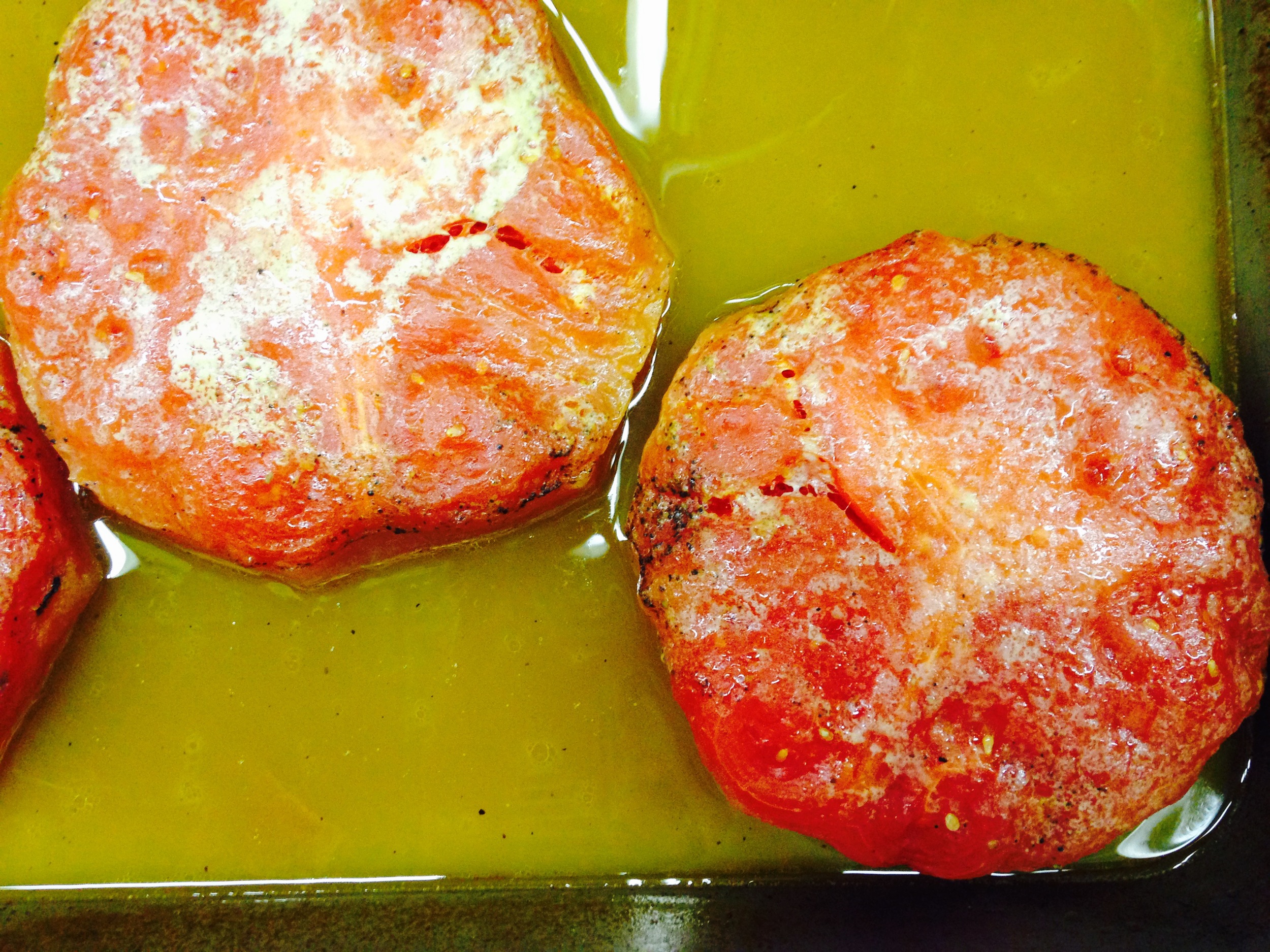This is what the watermelon looks like when it comes out of the oven. It looses much of it's juice and the texture becomes slightly gelatinous and meaty.