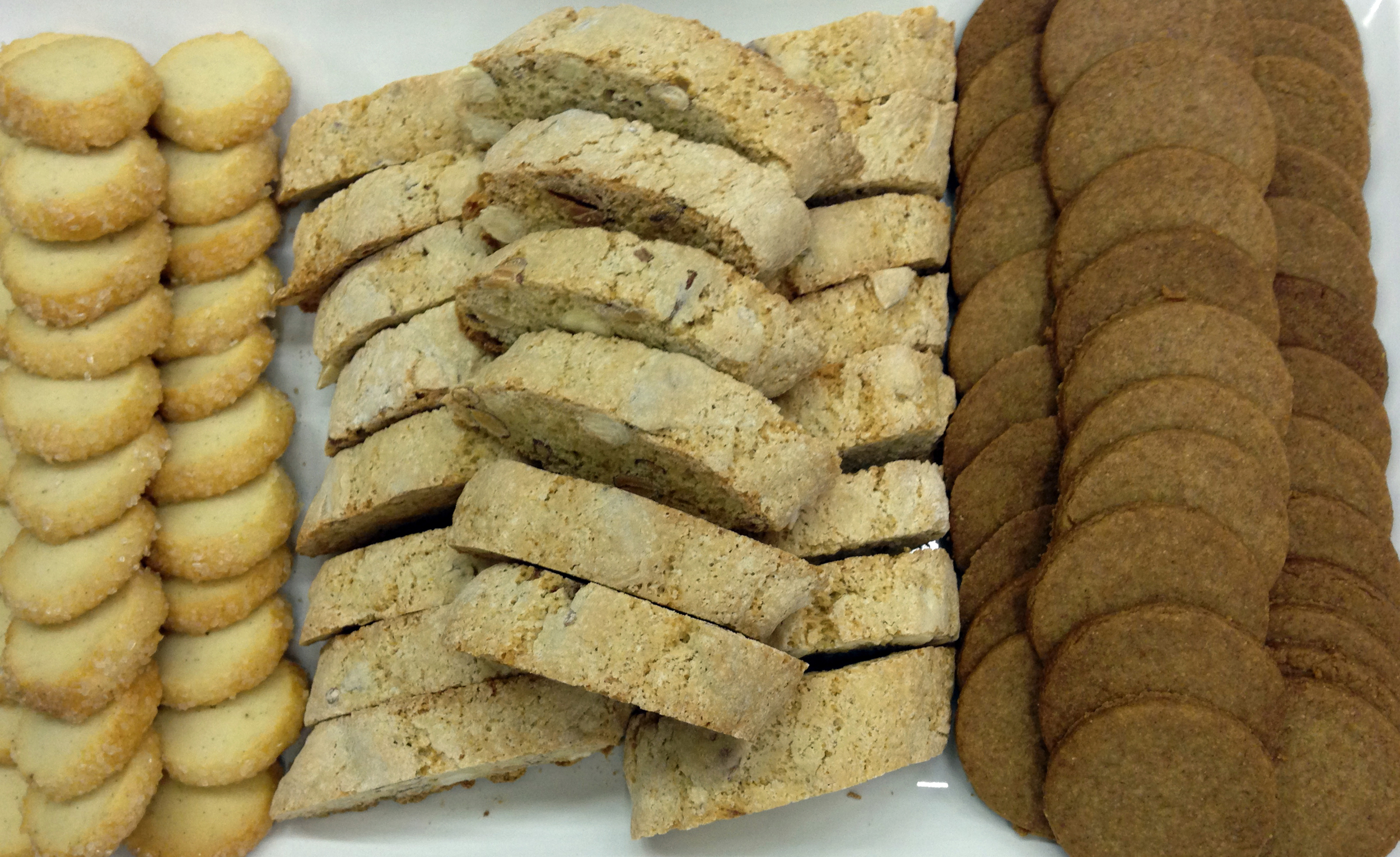 Left to right: diamond sable cookies, cantuccini, and graham crackers