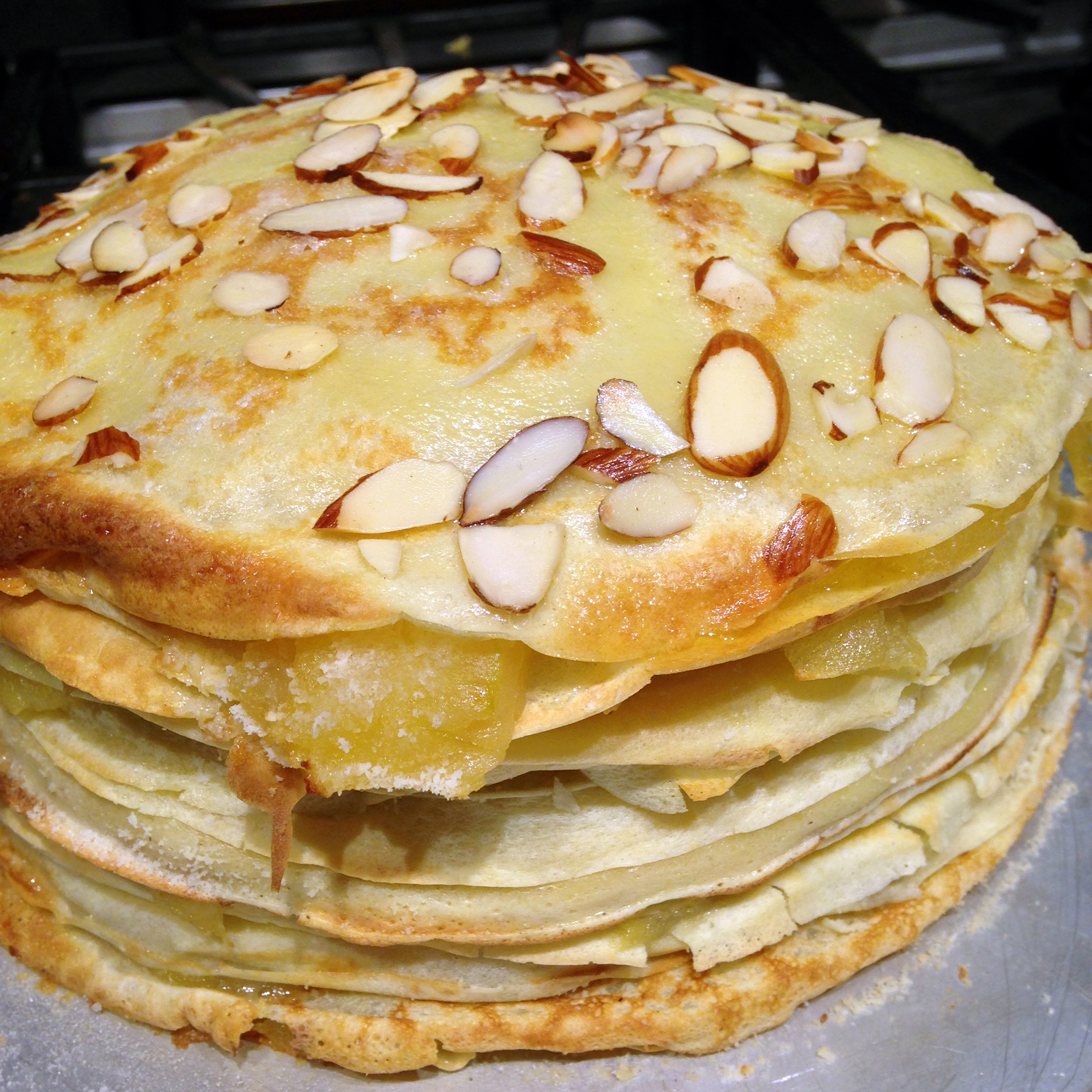Crepes, the only flat thing we made all day, were layered with cooked apples and almonds and stacked into a Gateaux a la Normande.