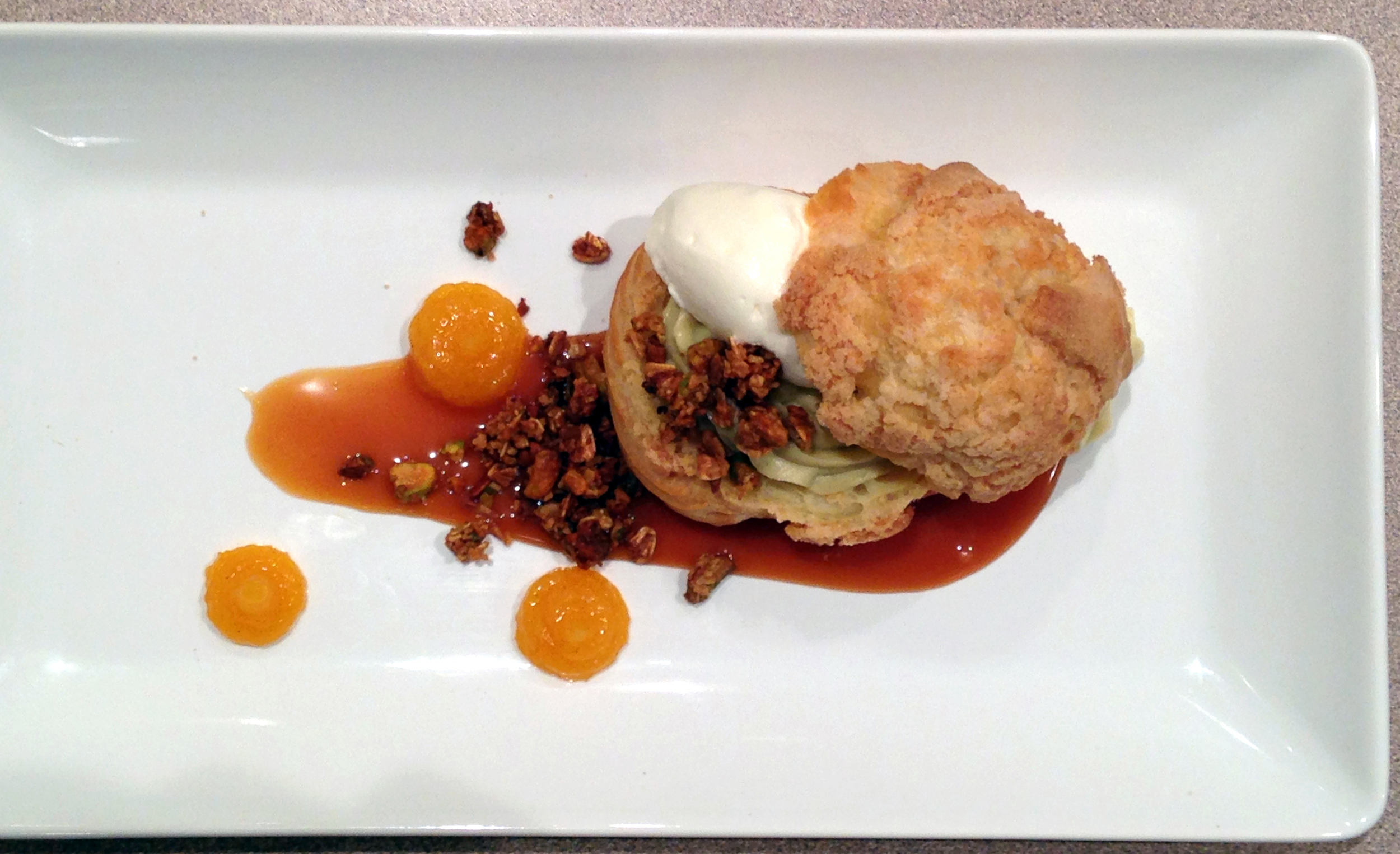 Lauren brought the components to pistachio apricot profiterols and everyone got to try their hand at artful plating