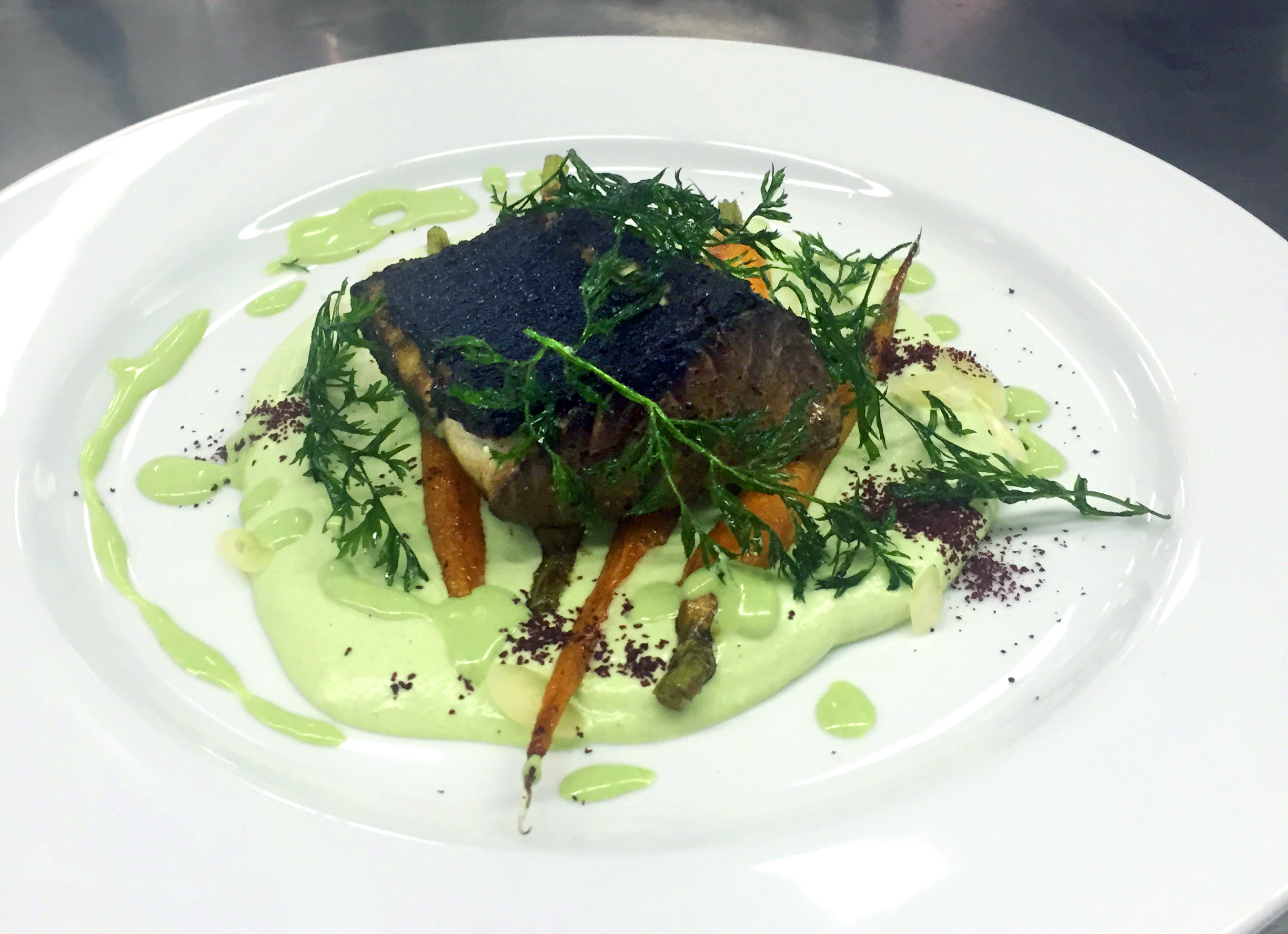 My smoked bluefish with ramp cream and roasted baby carrots
