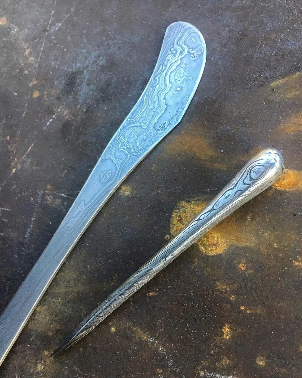Damascus knife and scribe, under the direction of Jay Burnham-Kidwell, 2016