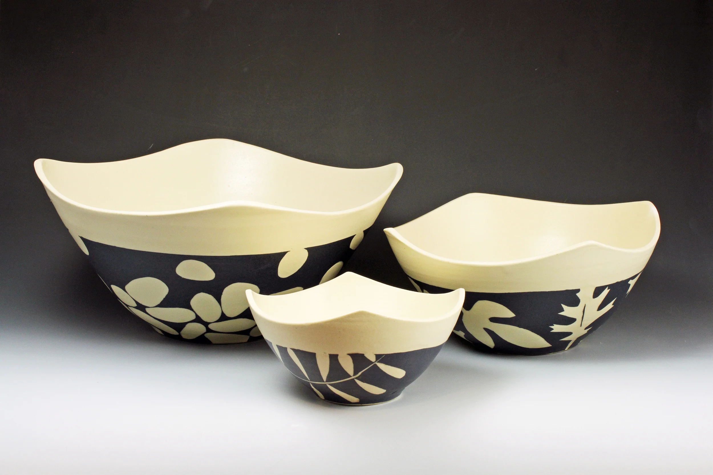 4-corner bowl set (stones/leaves/kelp; 12", 9" 6")