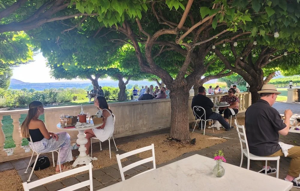 People dining outdoors under large, leafy trees at a restaurant with scenic view in the background.