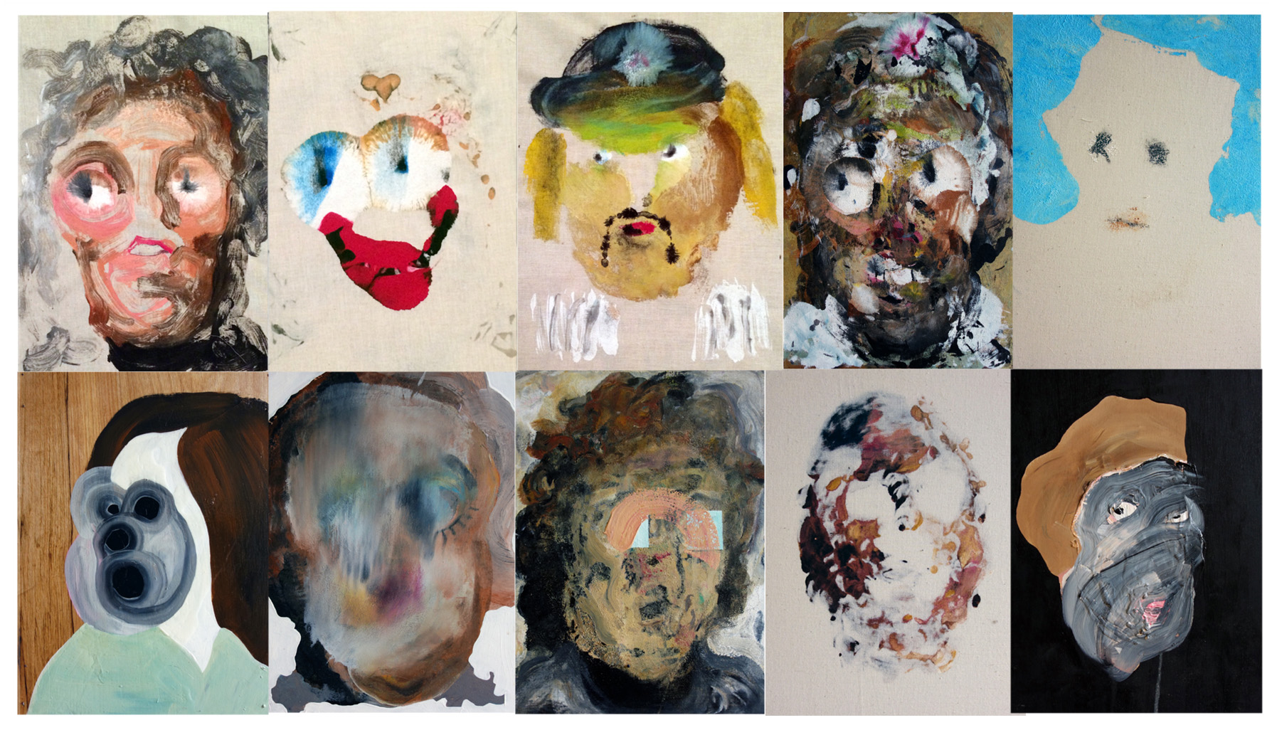 Eliot Greenwald, various portraits, 2016 Acrylic paint on muslin 15"x11"x2"