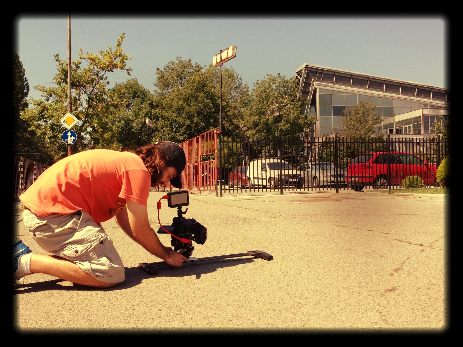 Filmmaker Stephen James Fell uses a slider in Sofia, Bulgaria.