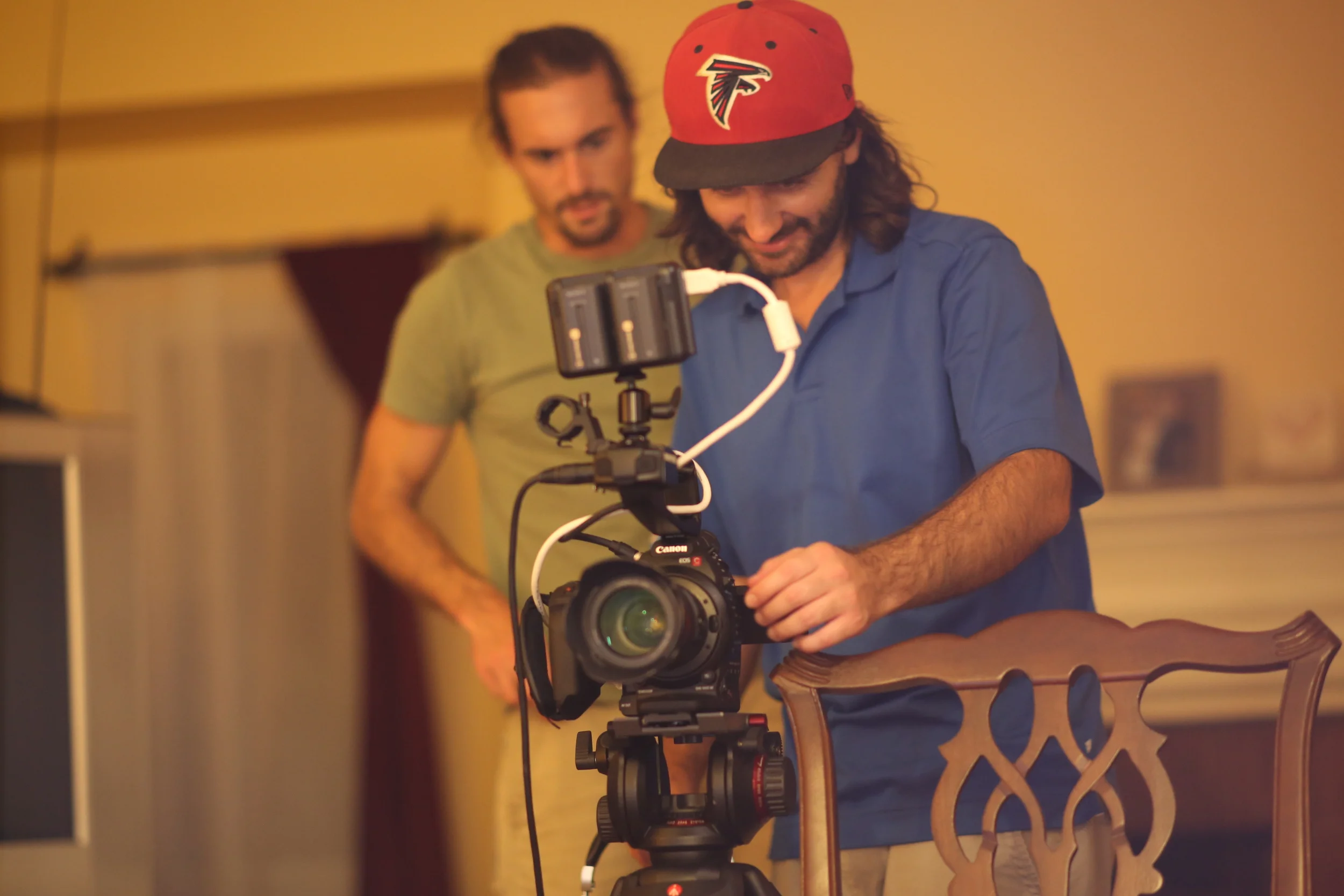 Director Stephen James Fell films an interview for the documentary “Swimmer's Ear” in Los Angeles, California. Photo courtesy of Cambria Films.