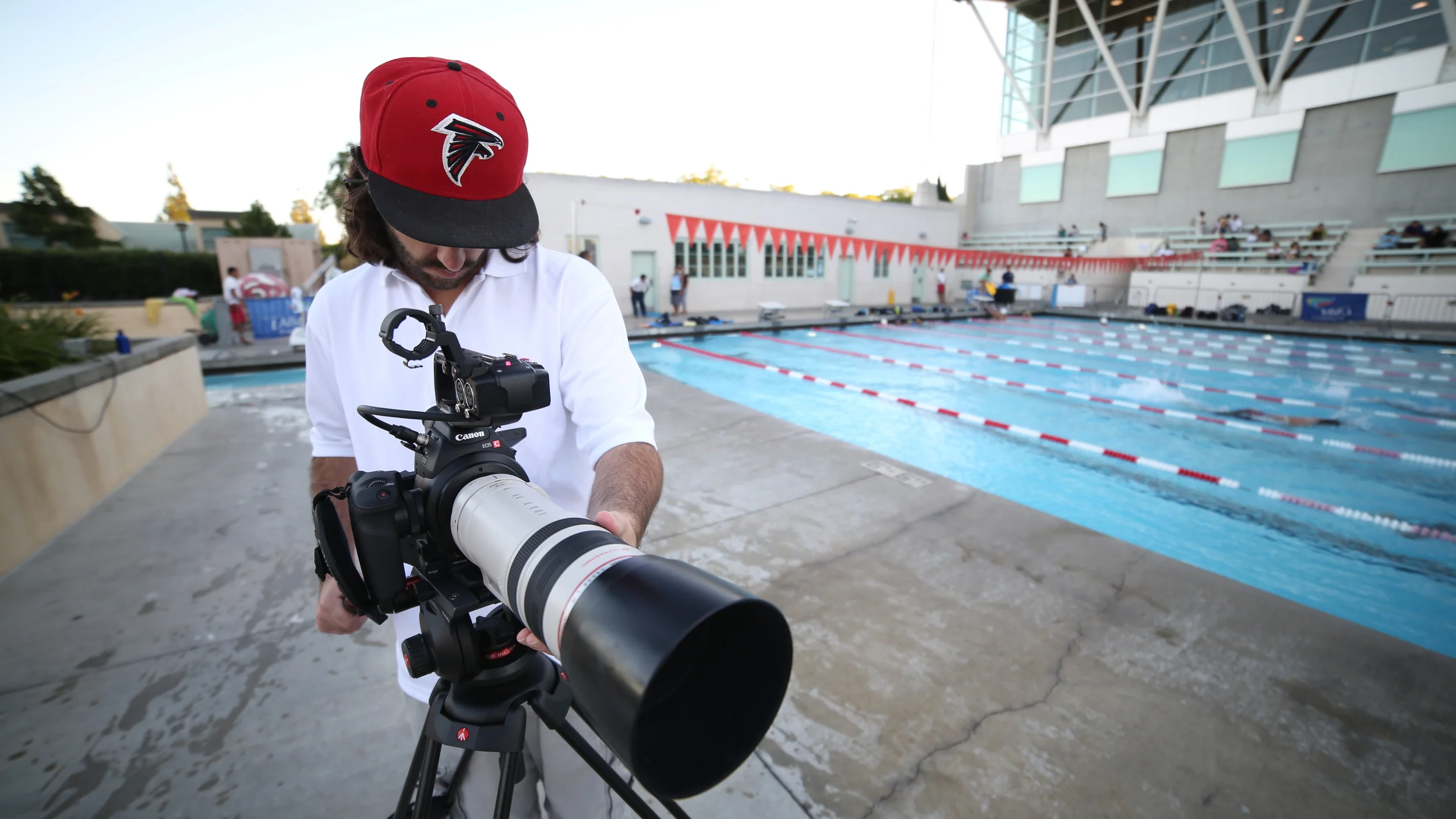 Director Stephen James Fell shoots a scene for the documentary "Swimmer's Ear" at the Los Angeles Swimming Stadium. Photo courtesy of Cambria Films.