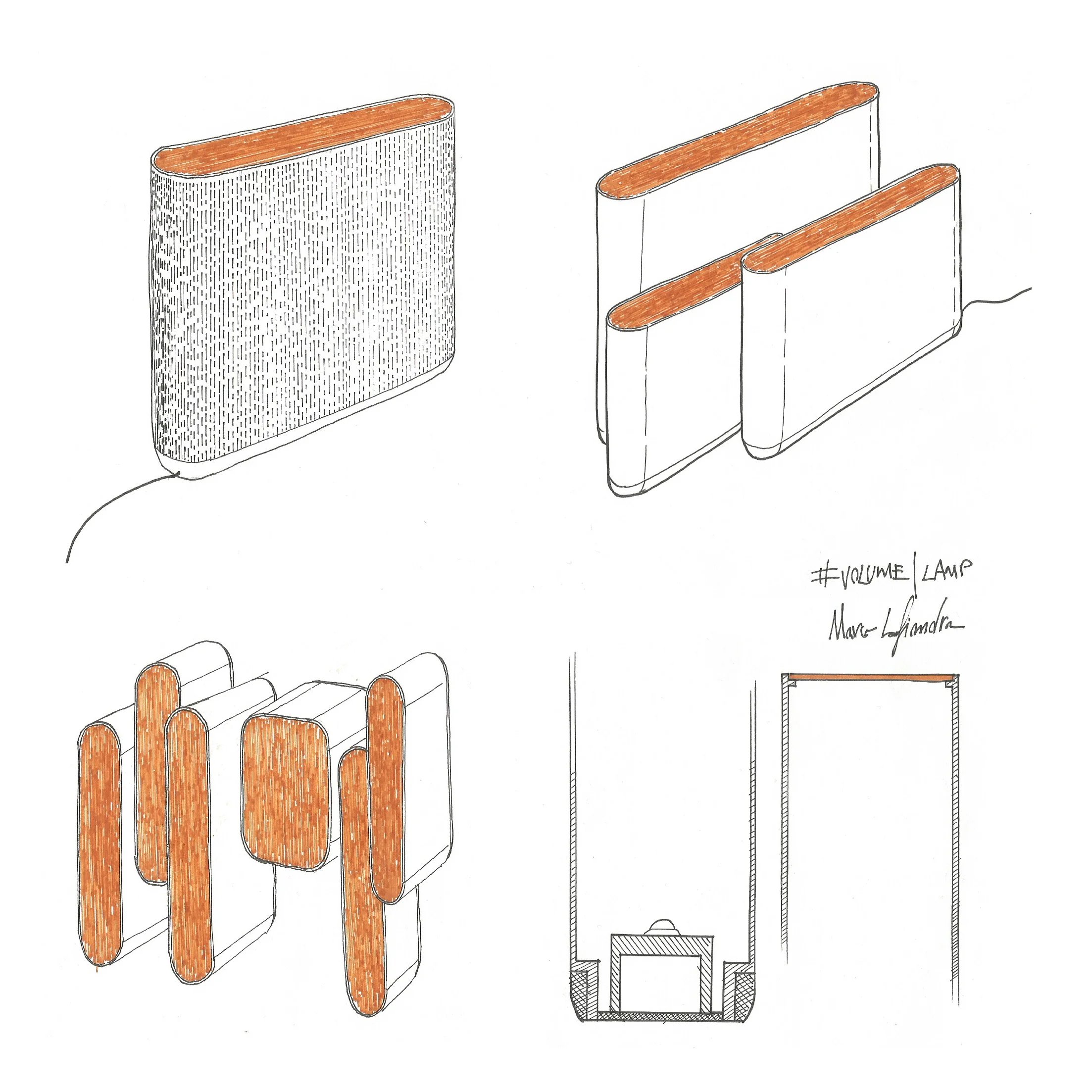  VOLUME is a light source, like an acoustic wave distributed in the space, generating diffused light and a play of shadows. A mirror shields the direct light, reflecting the surrounding space, giving the lamp both style and personality.