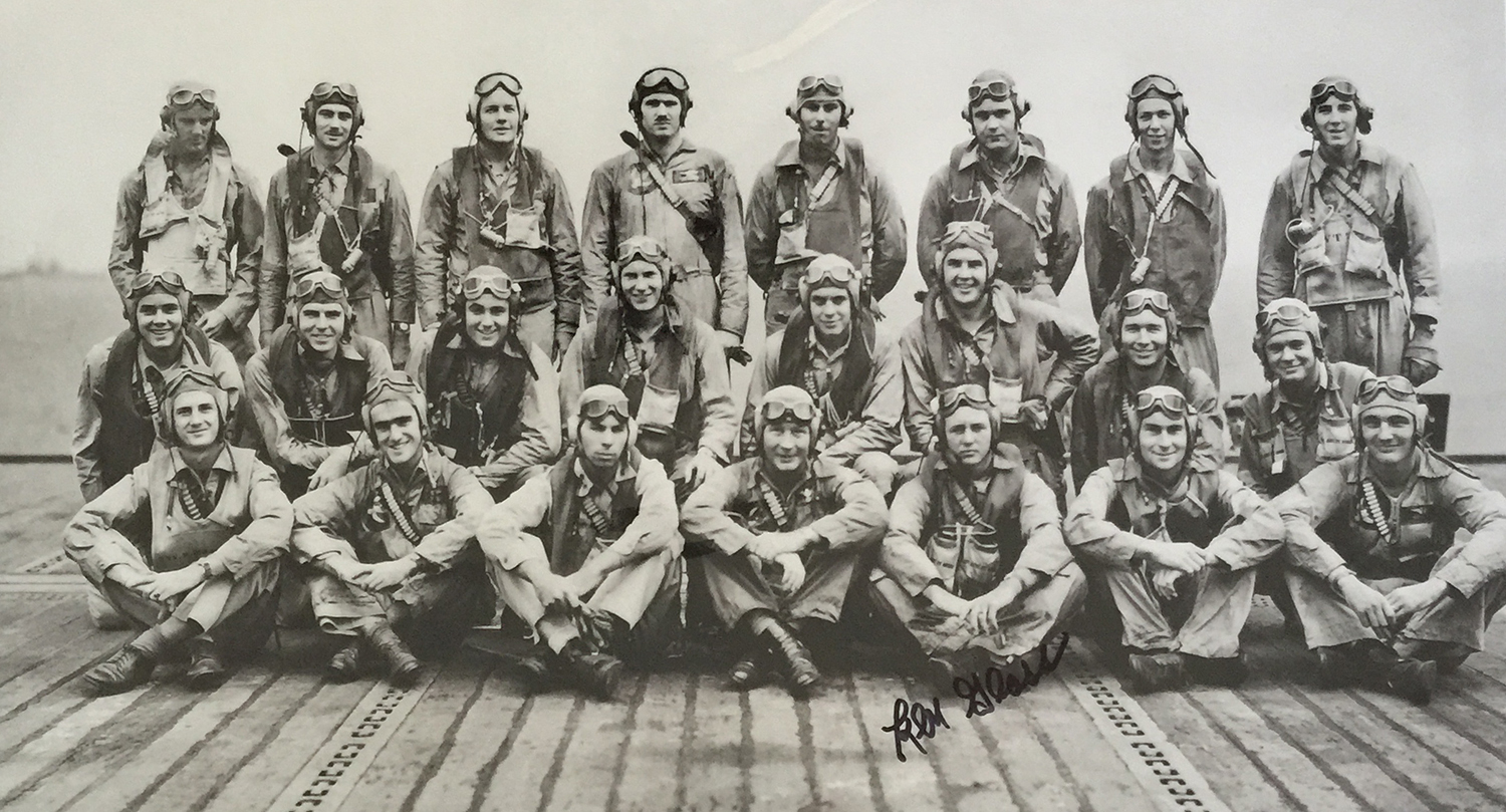 Pilots of Torpedo Squadron Two. Wednesday 24 May 1944. Honored veteran Ken Glass pictured with his signature