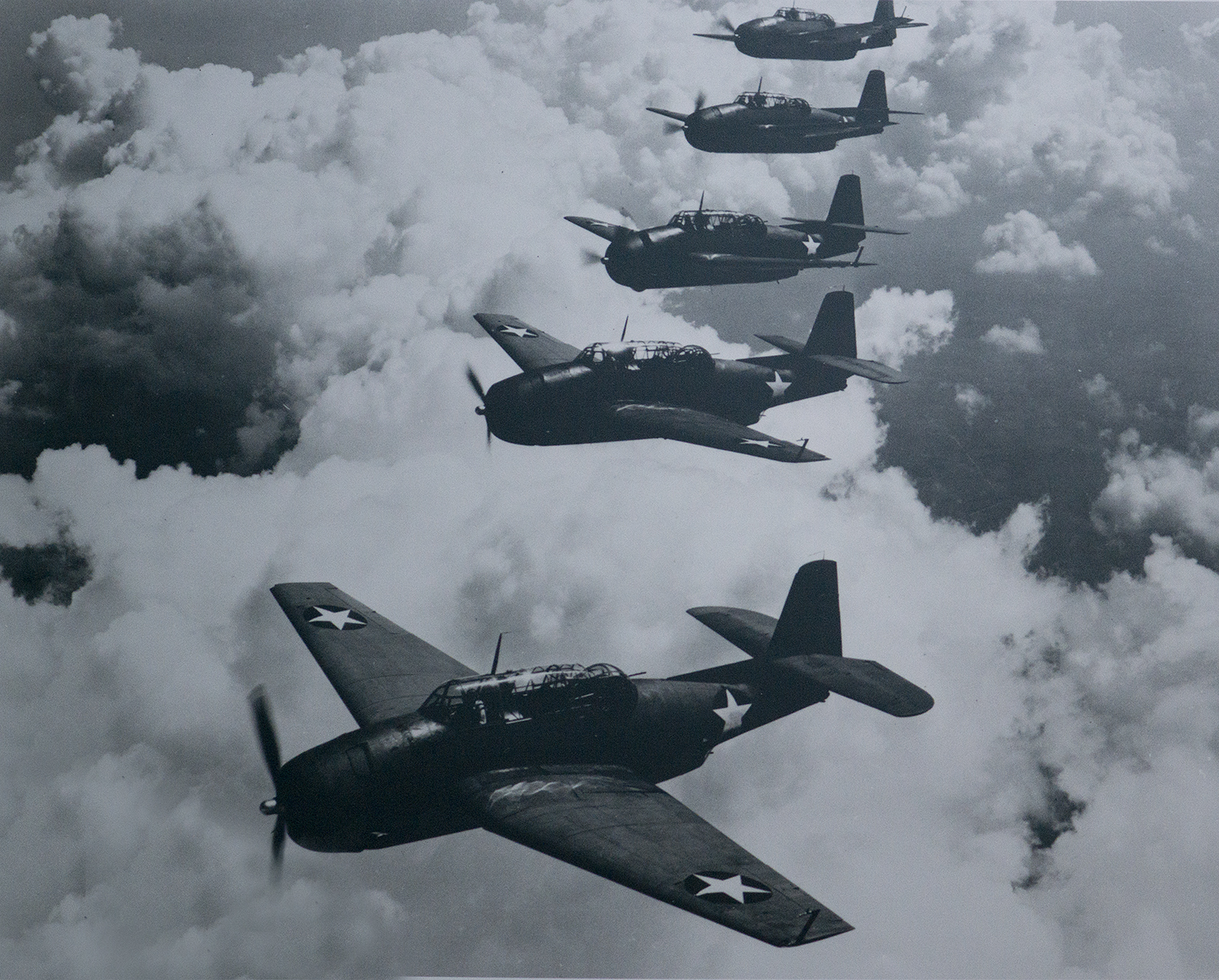 Ken's Squadron in flight. The TBM-3 closest to the camera is said to be Ken's. 