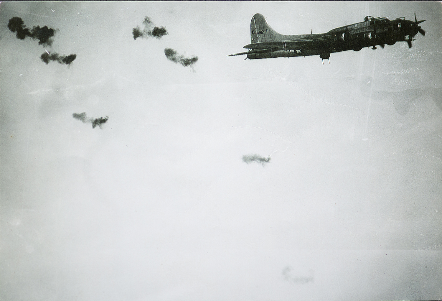Clarence's B-17, Battlin' Butch flying through some German flak while on a combat mission over Germany