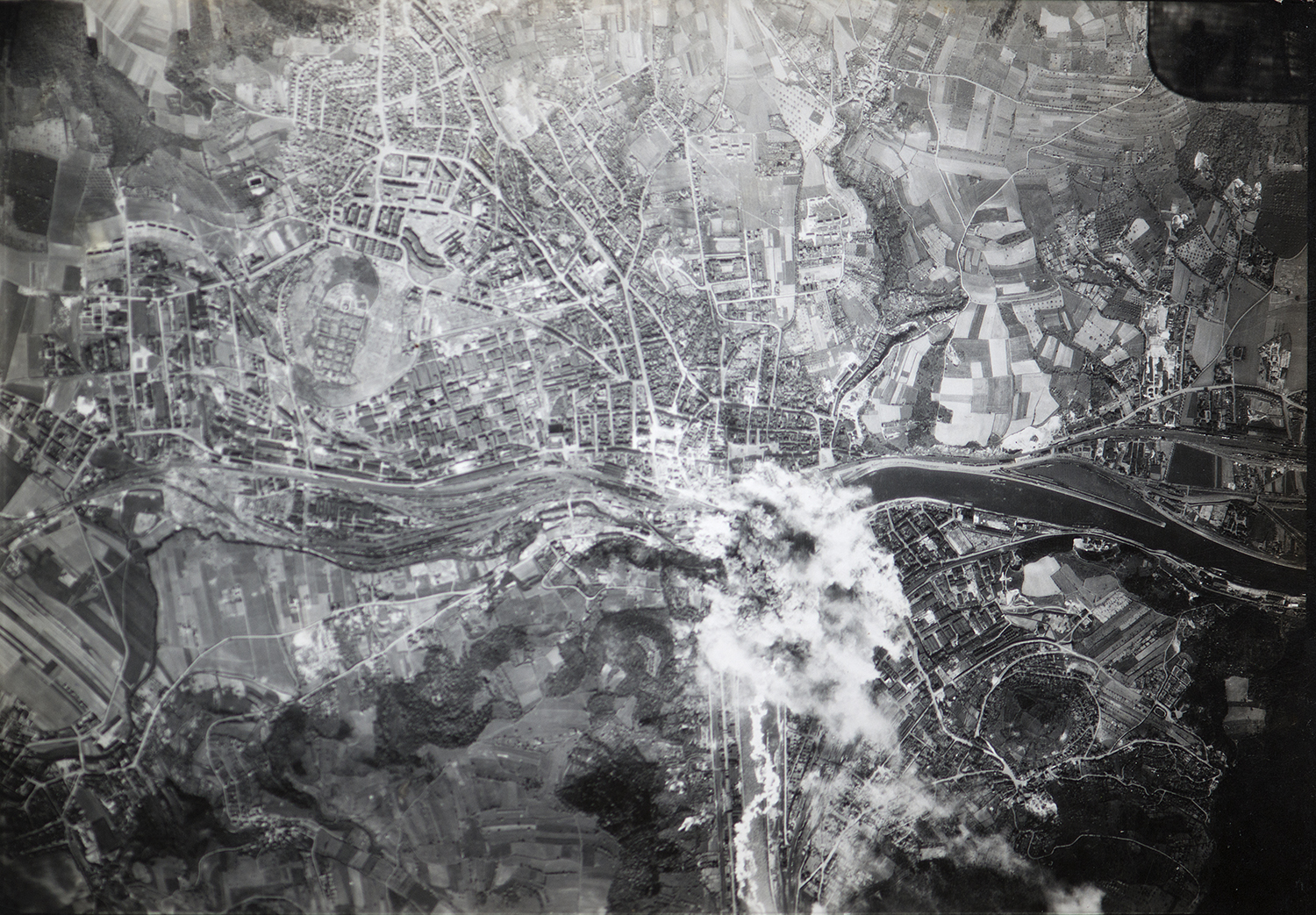 Aerial photograph of the 34th Bomb Group's target at Aussig.