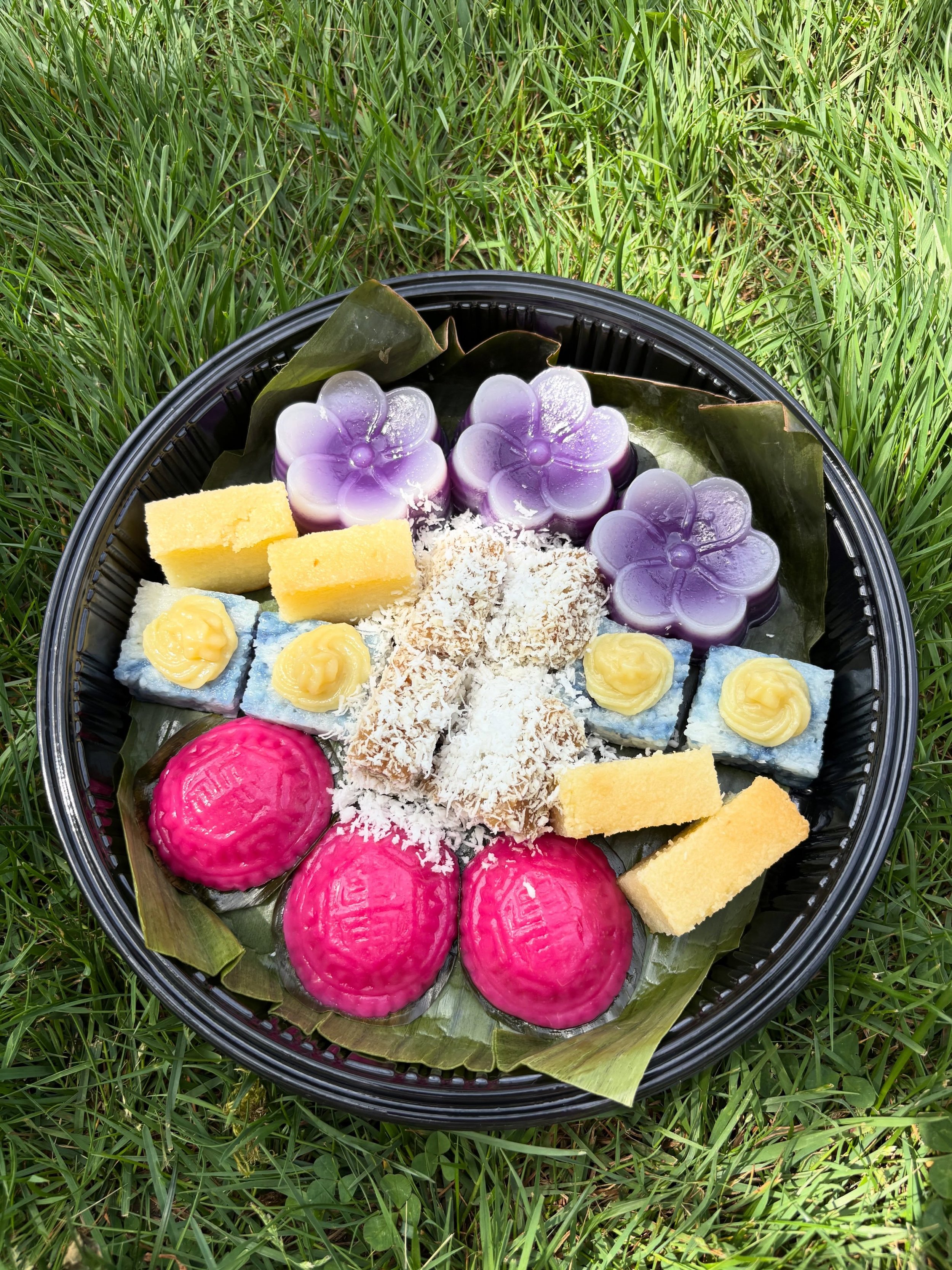 my ideal mother&rsquo;s day is a picnic in the park with a box of singaporean kueh from @bibiksvancouver 🌸

types of #glutenfree treats in the box &ndash;
purple kueh lapis (steamed layered cake)
pulut tai tai (glutinous rice with pandan kaya) 
kueh