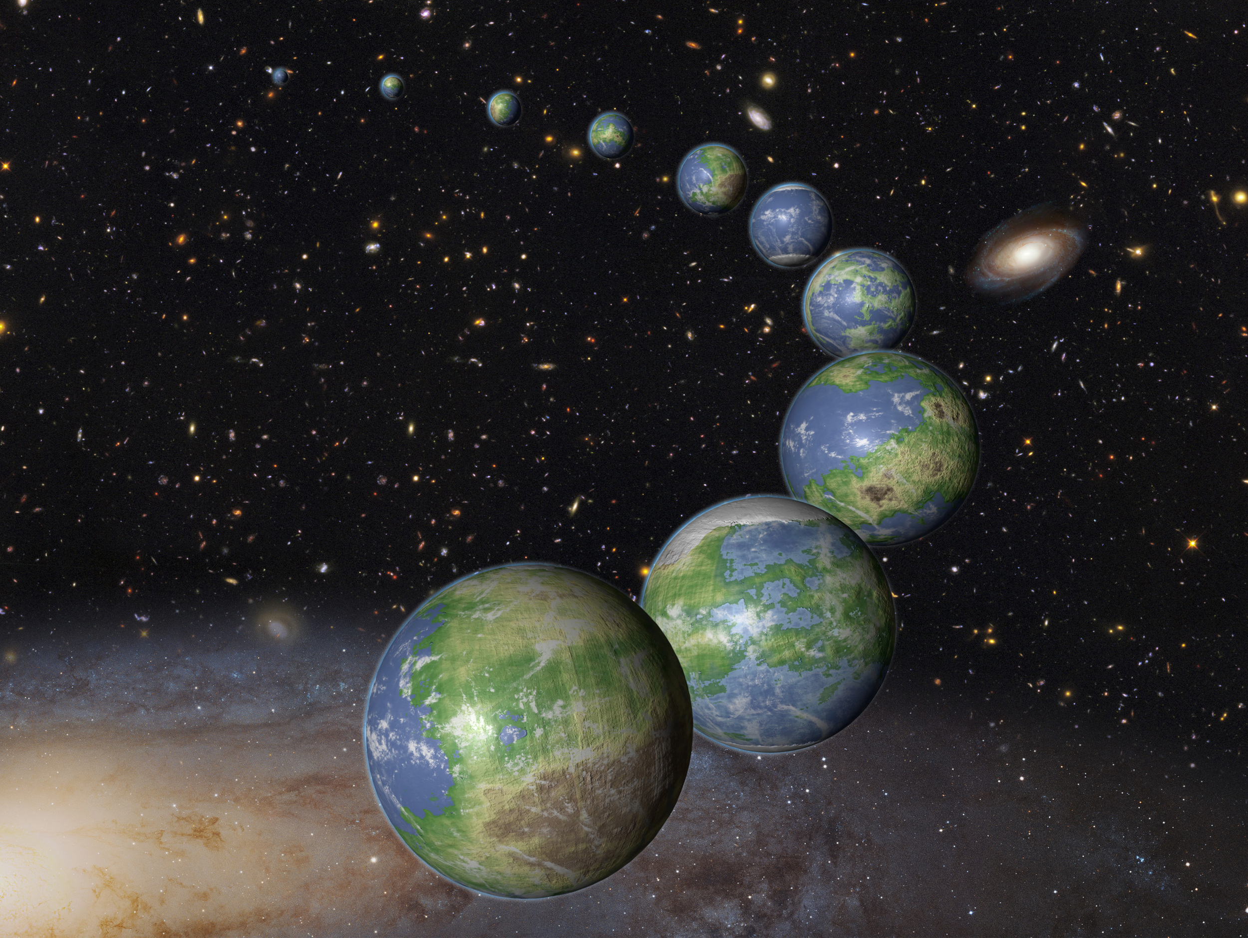 This is an artist's impression of innumerable Earth-like planets that have yet to be born over the next trillion years in the evolving universe. - Credits: NASA, ESA, and G. Bacon (STScI)