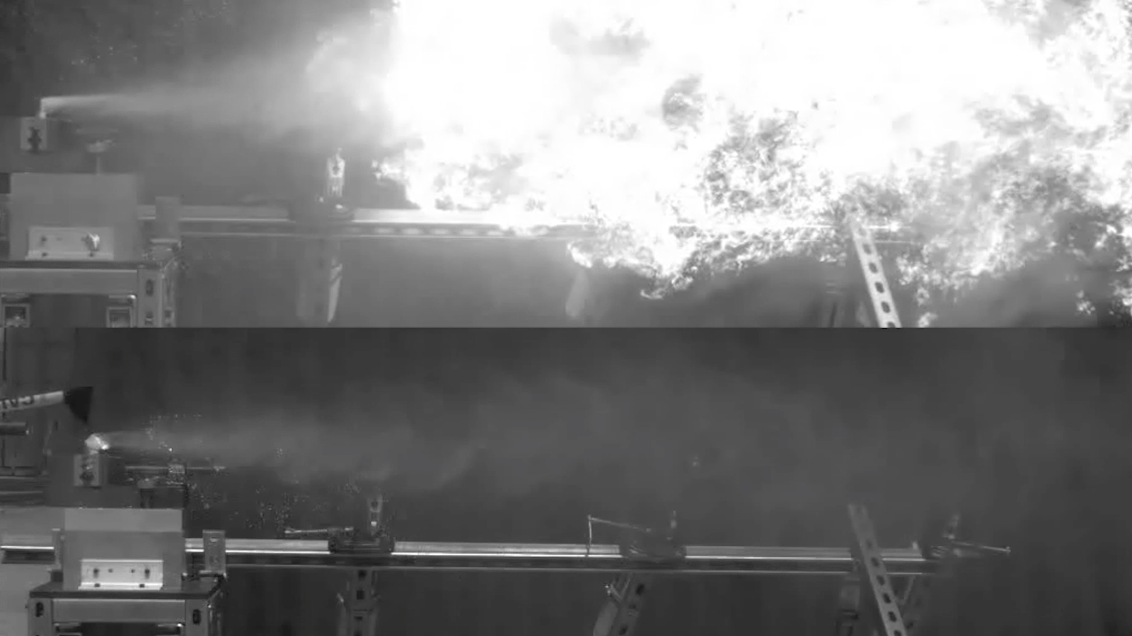 This image compares a test with untreated jet fuel (upper half) and jet fuel treated with 0.3% polymer developed by the California Institute of Technology (lower half). The fireball formed by jet fuel is absent for fuel treated with the Caltech polymer. Credit: JPL-Caltech