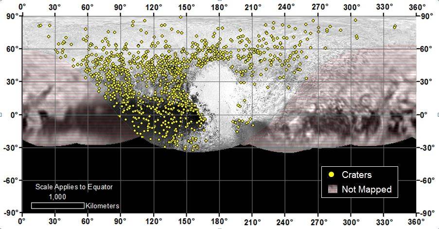 Locations of more than 1,000 craters mapped on Pluto by NASA’s New Horizons mission indicate a wide range of surface ages, which likely means Pluto has been geologically active throughout its history - Image credit: NASA/JHUAPL/SwRI