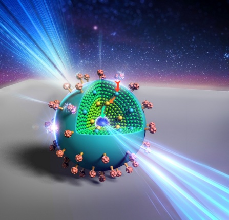 An artist’s rendering shows the layers of a new, onion-like nanoparticle whose specially crafted layers enable it to efficiently convert invisible near-infrared light to higher energy blue and UV light- Image credit: Kaiheng Wei