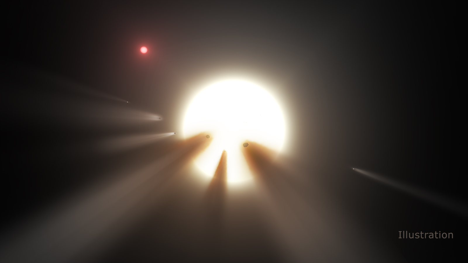 This illustration shows a star behind a shattered comet. Image credit: NASA/JPL-Caltech