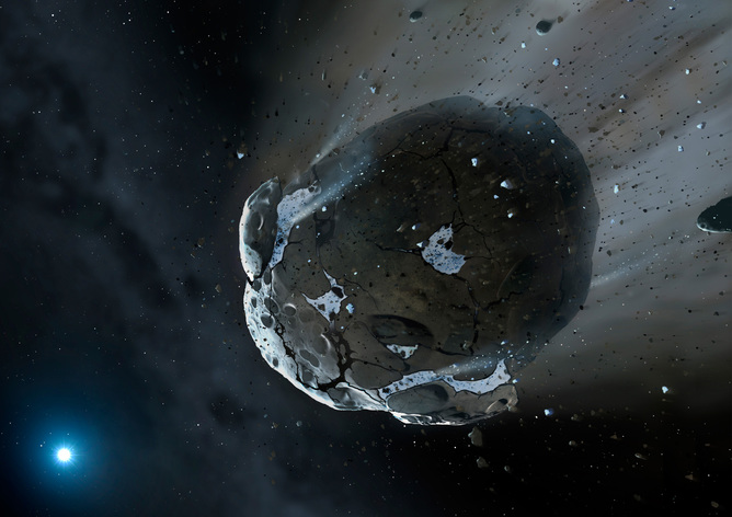 Artist’s view of a watery asteroid heading to a white dwarf star. - Image Credit: ESA/Hubble