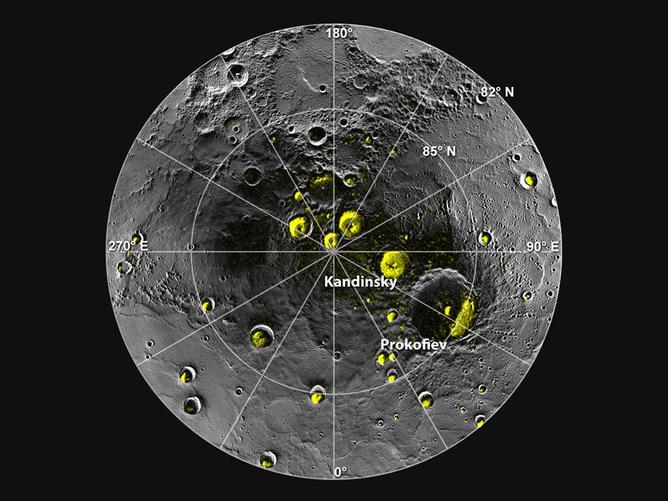 Mercury’s north polar region. The yellow areas are in permanent shadow - Image Credit: ASA/Johns Hopkins University Applied Physics Laboratory/Carnegie Institution of Washington/National Astronomy and Ionosphere Center, Arecibo Observatory