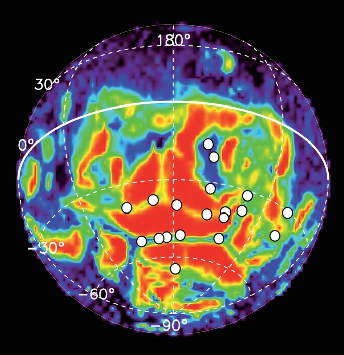 Locations of 19 auroral detections (white circles) by Mars Express, over locations already known to be associated with residual crustal magnetism – Image Credits: J-C. Gérard et al (2015)/ESA ,