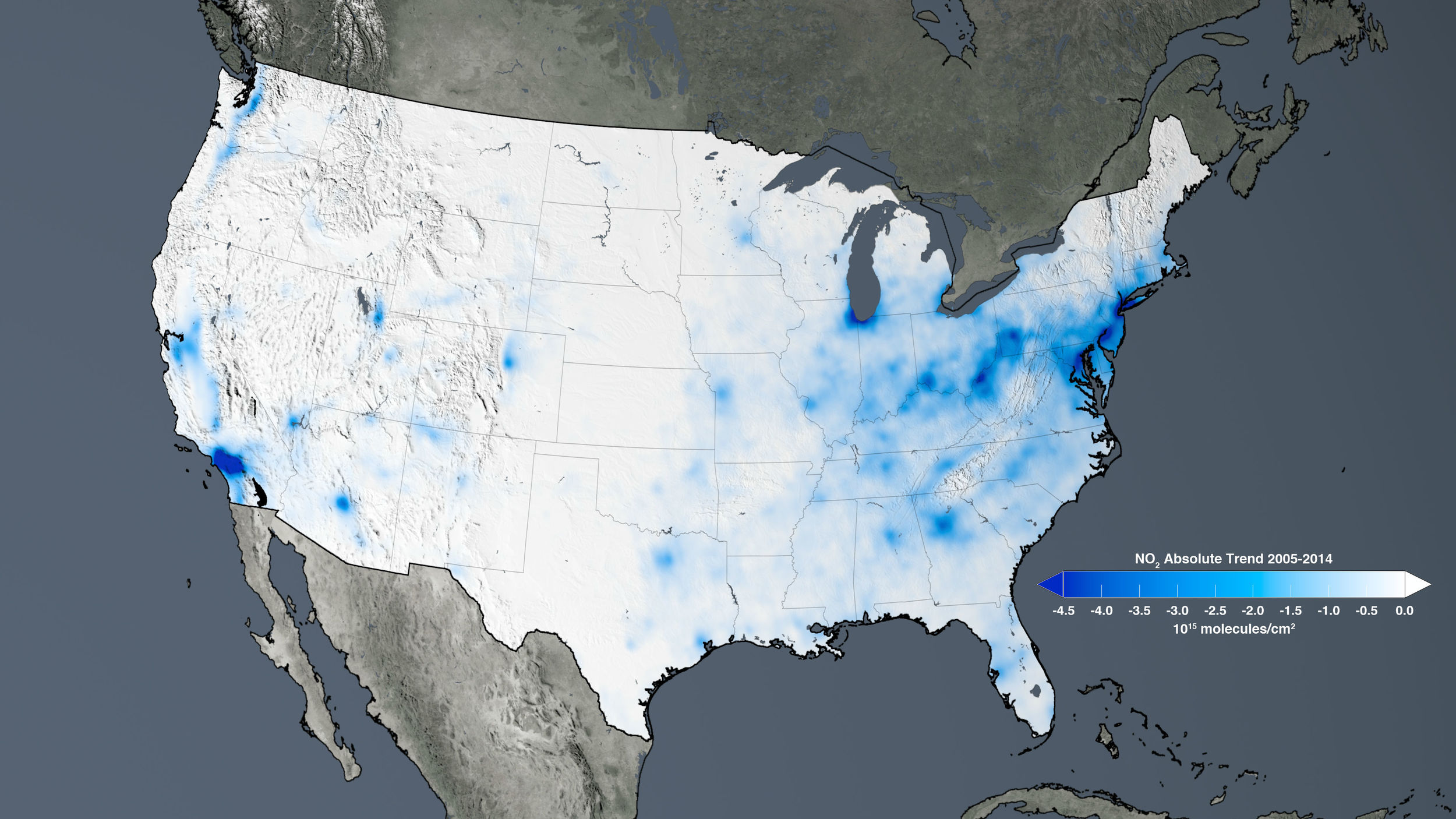 The trend map of the United States shows the large decreases in nitrogen dioxide concentrations tied to environmental regulations from 2005 to 2014. - Image Credits: NASA