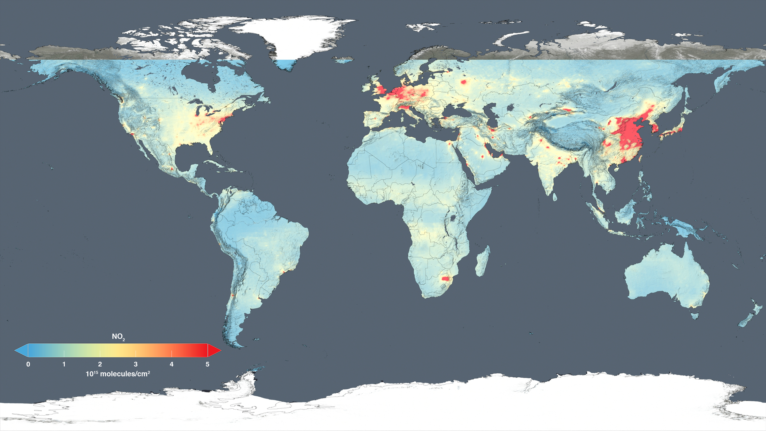 This global map shows the concentration of nitrogen dioxide in the troposphere as detected by the Ozone Monitoring Instrument aboard the Aura satellite, averaged over 2014. - Image Credits: NASA