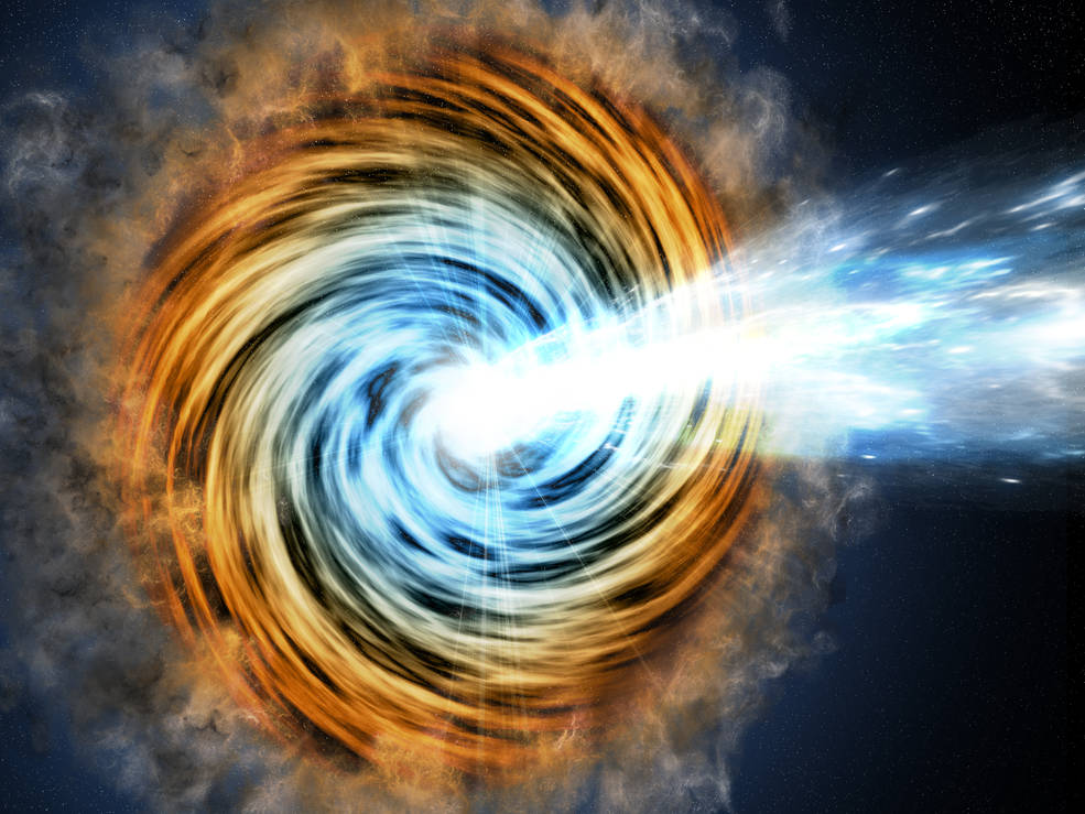Black-hole-powered galaxies called blazars are the most common sources detected by NASA's Fermi Gamma-ray Space Telescope. As matter falls toward the supermassive black hole at the galaxy's center, some of it is accelerated outward at nearly the speed of light along jets pointed in opposite directions. When one of the jets happens to be aimed in the direction of Earth, as illustrated here, the galaxy appears especially bright and is classified as a blazar. - Credits: M. Weiss/CfA