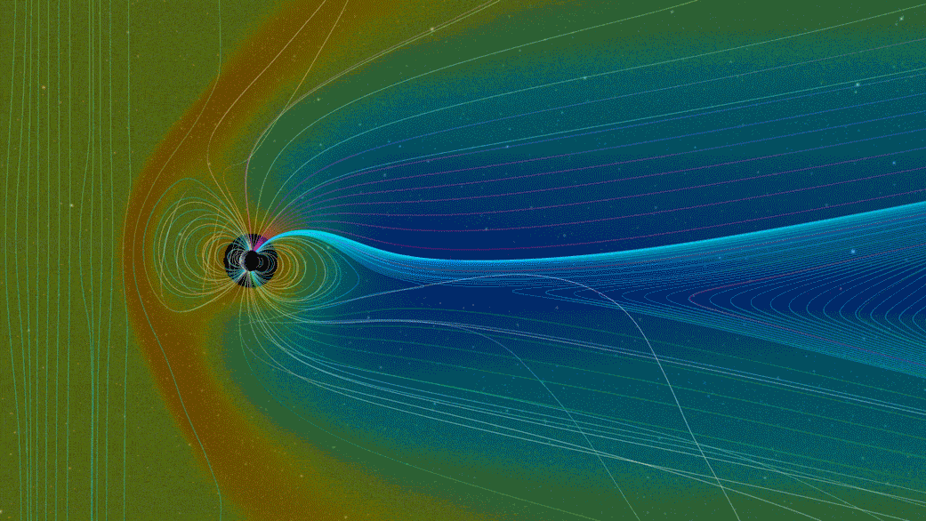 The explosive realignment of magnetic fields — known as magnetic reconnection — is a thought to be a common process at the boundaries of Earth’s magnetic bubble. Magnetic reconnection can connect Earth’s magnetic field to the interplanetary magnetic field carried by the solar wind or coronal mass ejections. NASA’s Magnetospheric Multiscale, or MMS, mission studies magnetic reconnection by flying through the boundaries of Earth’s magnetic field. - Image Credits : NASA Goddard/SWRC/CCMC/SWMF