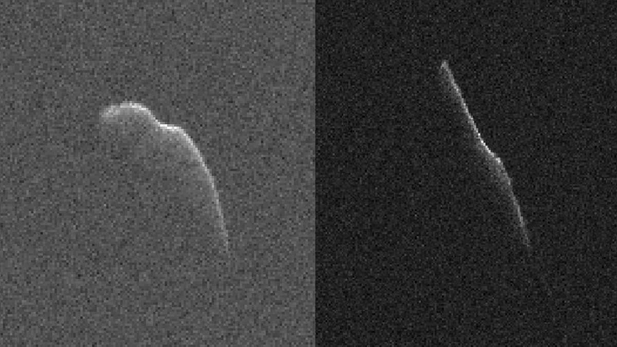 These images of an asteroid that is at least 3,600 feet (1,100 meters) long were taken on Dec. 17, 2015, (left) and Dec. 22 (right) by scientists using NASA's 230-foot (70-meter) Deep Space Network antenna at Goldstone, California. This asteroid, named 2003 SD2020, will safely fly past Earth on Thursday, Dec. 24, at a distance of 6.8 million miles (11 million kilometers). On Dec. 17, it was about 7.3 million miles (12 million kilometers) from Earth. By Dec. 22, it was closing in on its Christmas Eve flyby distance. – Image Credits: NASA/JPL-Caltech/GSSR